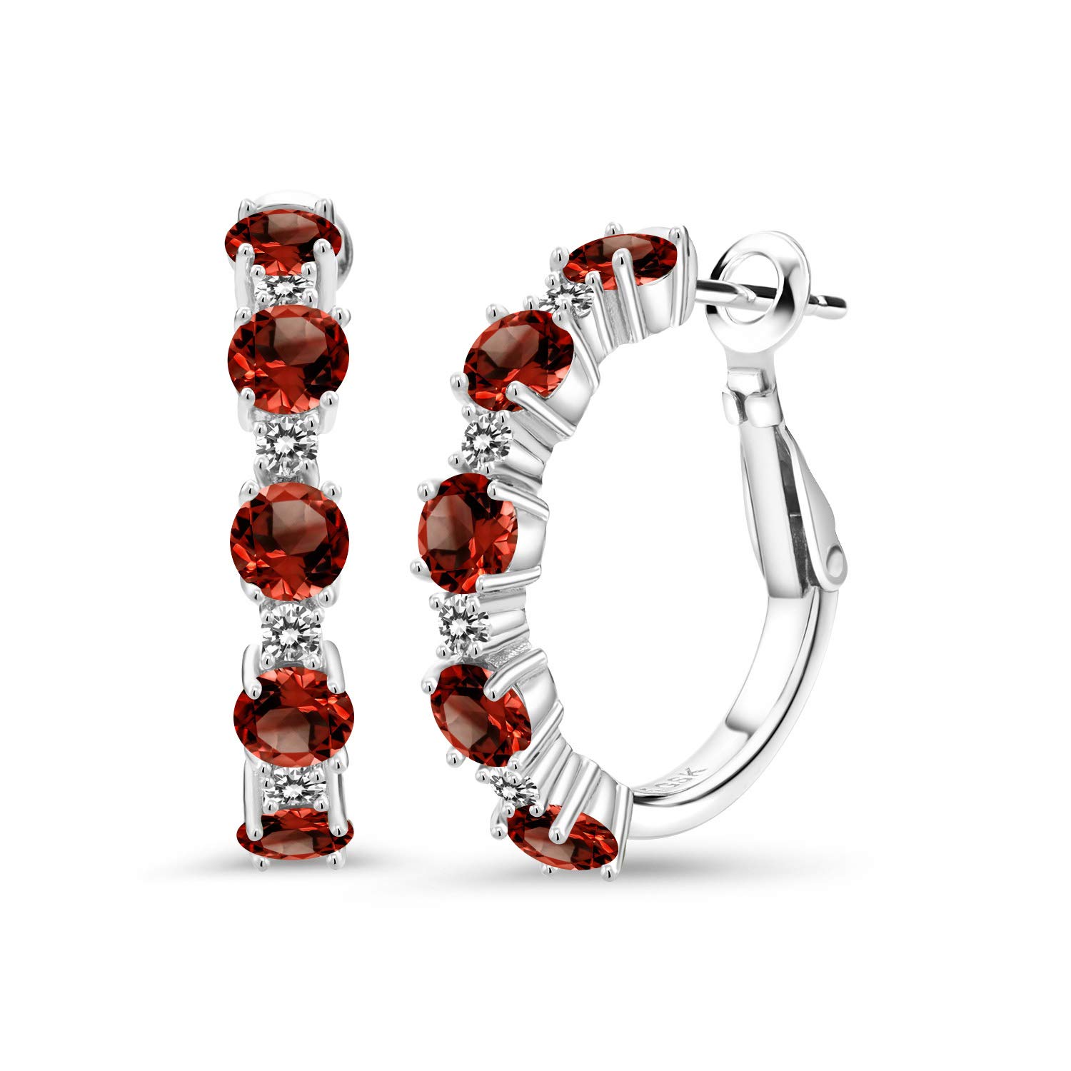 Gem Stone King 925 Sterling Silver Women's Hoop Earrings with Red Garnet & White Diamonds (3.96 Cttw, Round Cut, 1 Inch Diameter) - Perfect for Parties, Weddings & Everyday Elegance