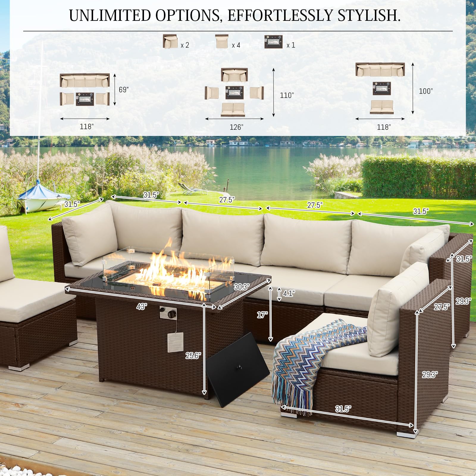 BULEXYARD 7-Piece Brown PE Rattan Outdoor Patio Furniture Set with Fire Pit Table - High Back Wicker Sectional Sofa Conversation Set for Backyard, Garden, Poolside (Beige) - Perfect for Entertaining, Relaxing & Outdoor Gatherings