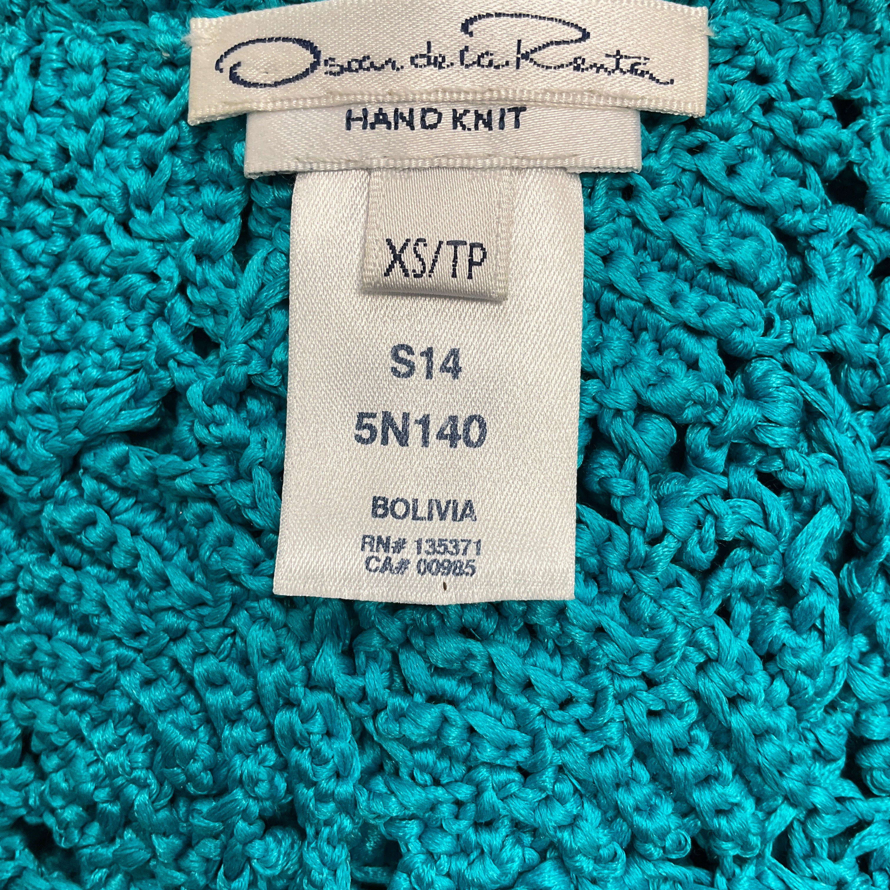 Oscar de la Renta Turquoise Cropped Silk Crochet Hand-Knit Sweater | Spring 2014 Collection | Perfect for Casual Outings & Special Occasions