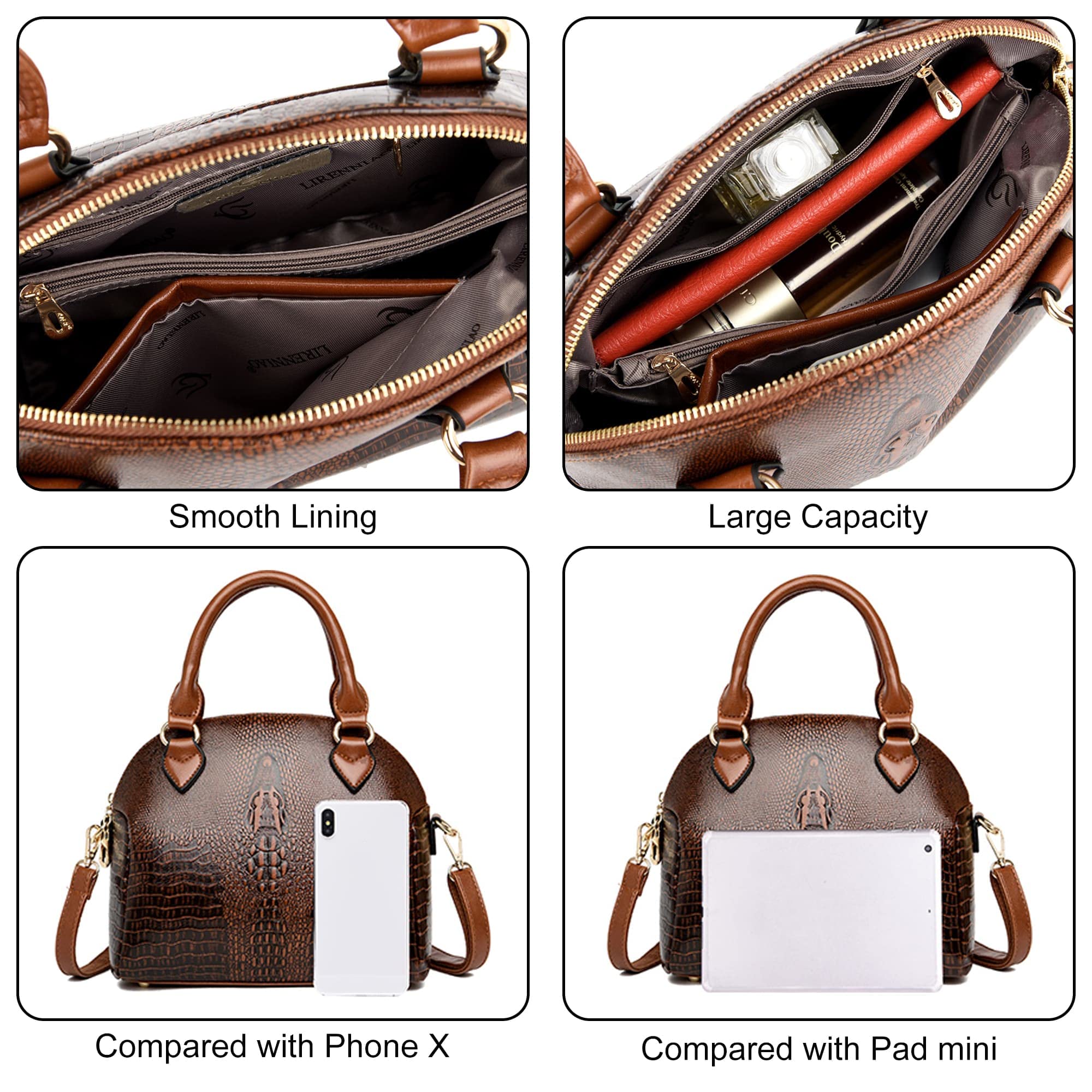 Luxury Women's Crocodile Embossed Leather Handbag - Elegant Dome Satchel with Top Handle & Crossbody Strap - Perfect for Work, Travel & Evening Events