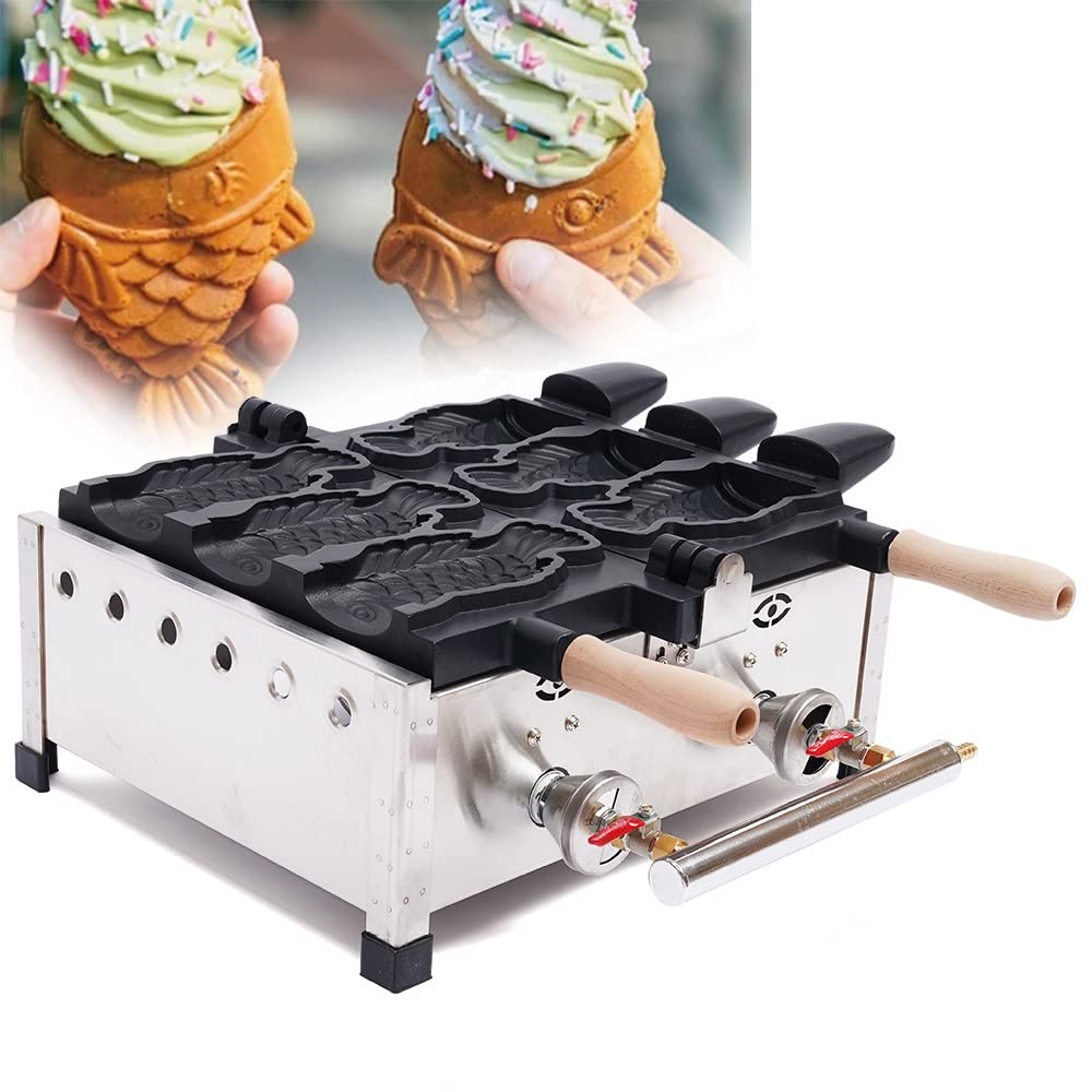 Commercial Taiyaki Maker Machine - Japanese Fish-Shaped Waffle Iron with Non-Stick Coating - 3-Open Mouth Design for LPG Gas - Perfect for Street Food Stalls, Bubble Tea Shops & Asian Dessert Businesses