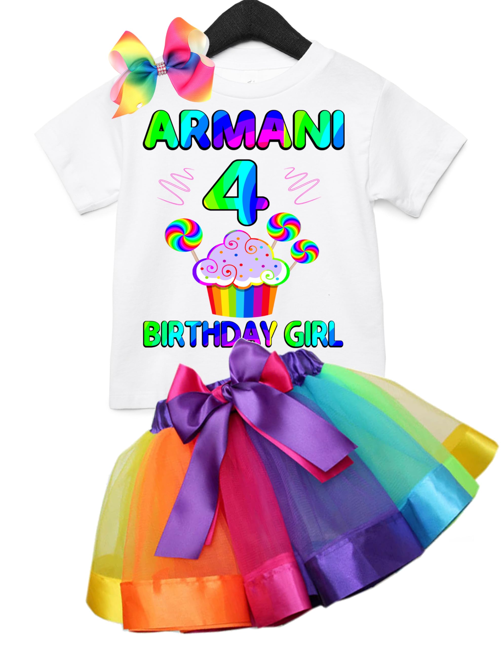 Custom Cupcake Birthday Outfit Set - Personalized 2-Piece Rainbow Shirt & Hairbow Clip for Girls | Baby Tutu Dress & Matching Accessories | Perfect for Birthday Parties, Photo Shoots & Special Celebrations | Any Age & Name Customization Available