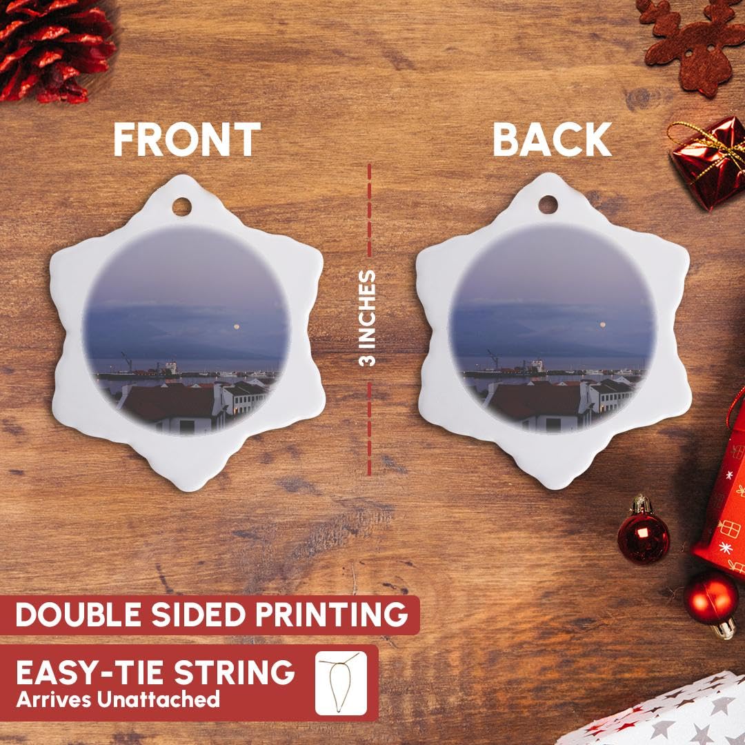 3D Rose Porcelain Snowflake Ornament - Sunset & Moonrise on Horta, Faial Island with Pico Volcano Background - 3-Inch Holiday Decoration for Christmas Tree, Gift Giving & Home Decor