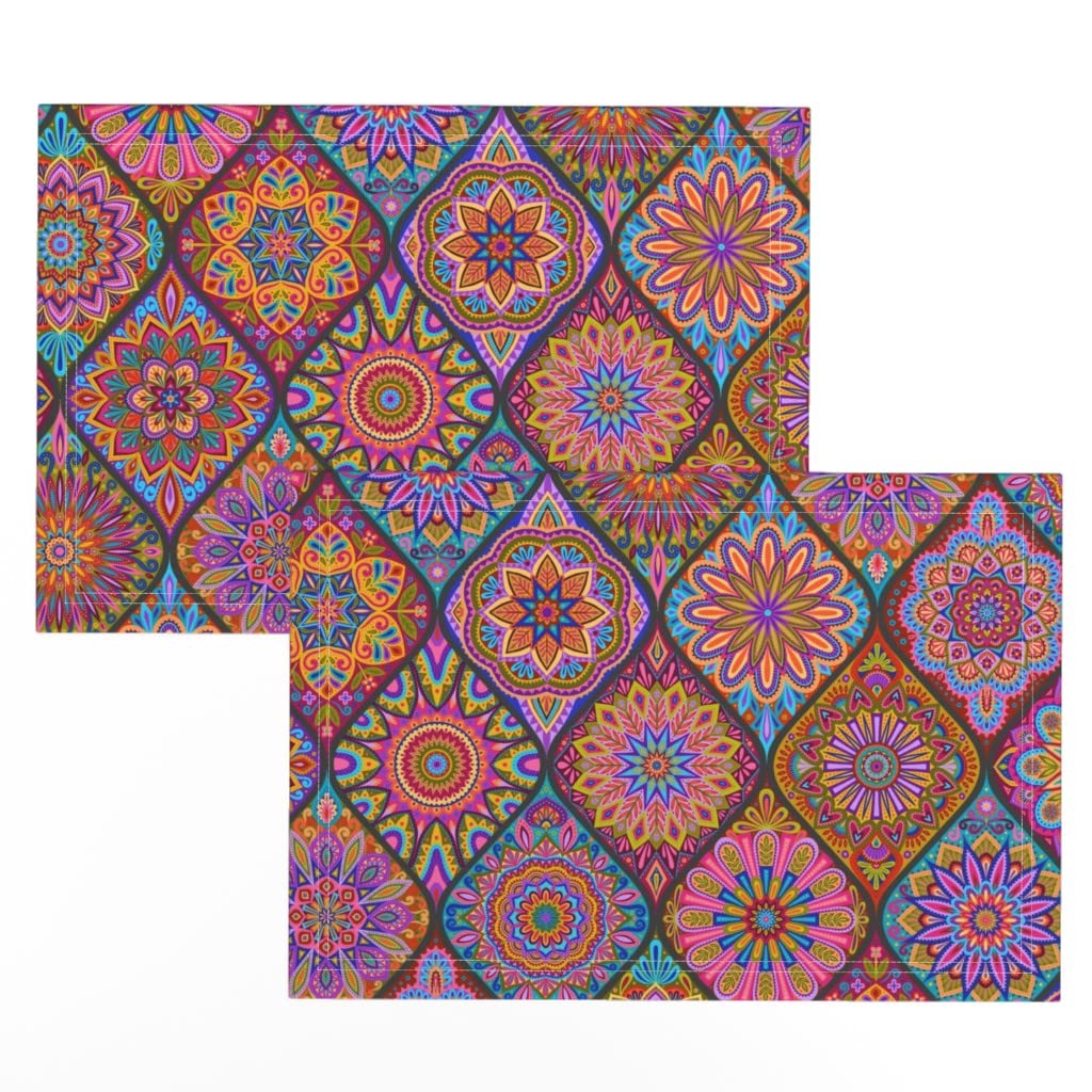 Linen Cotton Canvas Placemats Set of 2 - Bohemian Ogee Hippie Groovy Tile Print Table Mats for Dining, Kitchen Decor, and Festival Table Setting | Washable & Durable Spoonflower Design