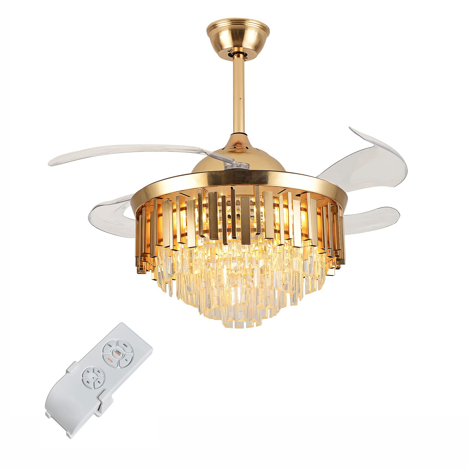 OUKANING 42 Inch Crystal Ceiling Fan with LED Lights - Remote Control, 3-Speed Adjustable, Quiet Retractable Blades - Perfect for Dining Room, Bedroom, Living Room & Office Decor