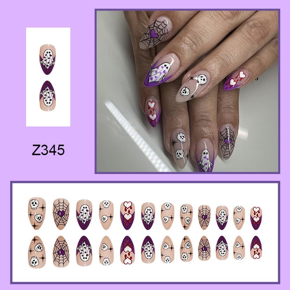 24 Pcs Halloween Press on Nails - Ghost & Spider Web Designs, Almond Shaped Fake Nails with Glossy Finish, Full Cover Glue on Nails for Women & Girls - Perfect for Halloween Parties, Costumes & Spooky Nail Art