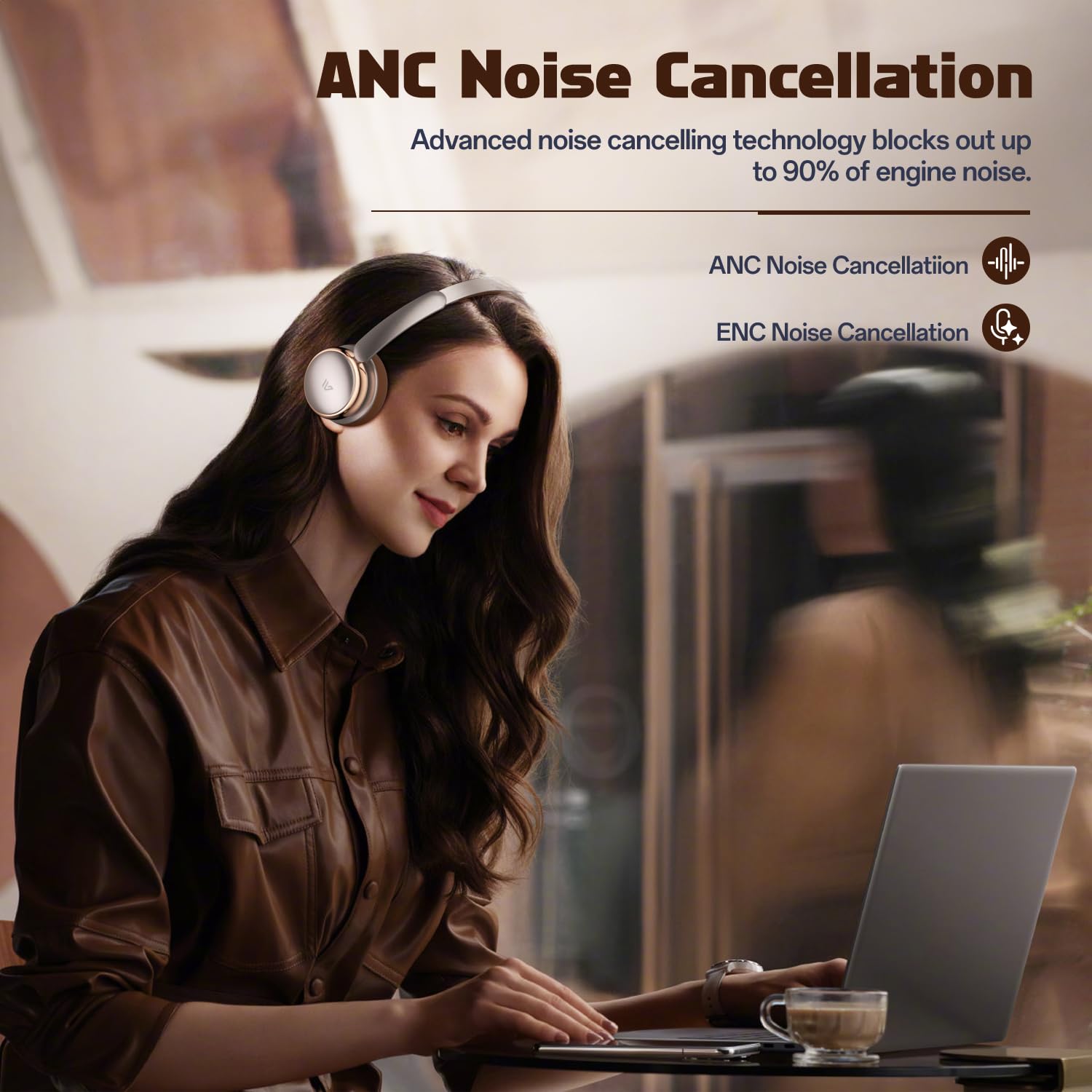 Nova Active Noise Cancelling Wireless Over-Ear Bluetooth Headphones 5.4 with Mic - Hi-Fi Sound, 58H Playtime, Comfortable Ear Cushions (Brown) - Perfect for Travel, Work & Music Lovers