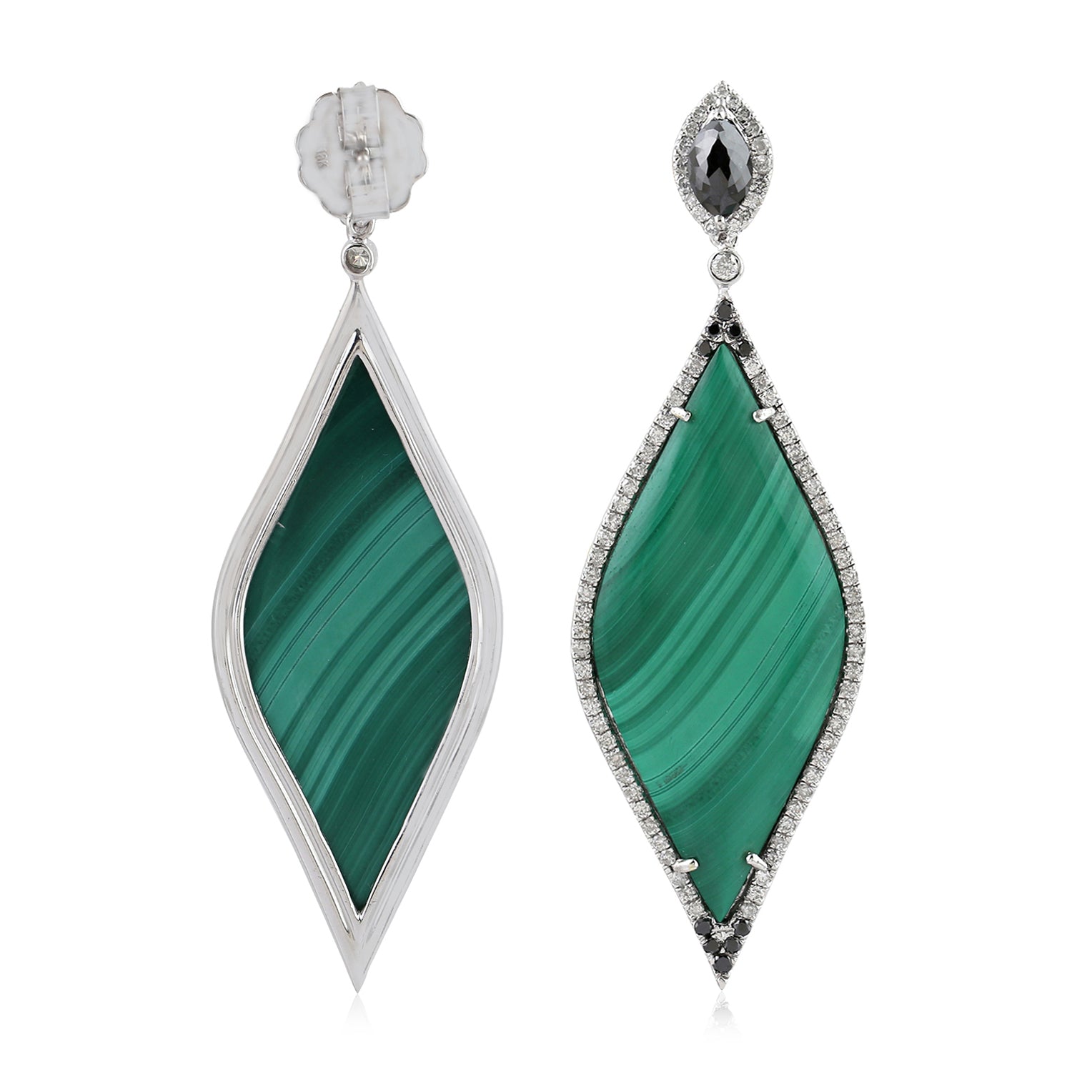 Exquisite Marquise Malachite Pave Black & White Diamond Dangle Earrings in 14K White Gold - Perfect for Weddings, Parties & Special Occasions