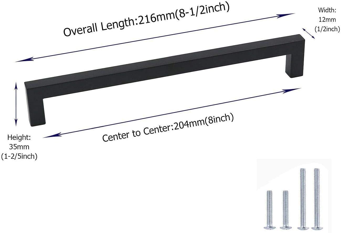 2-Pack Black Square Cabinet Pulls - 8 Inch Hole Center - Stainless Steel Modern Kitchen & Bathroom Drawer Handles - Durable Hardware for Cabinets, Dressers & Vanities - Perfect for Home Renovation & DIY Projects