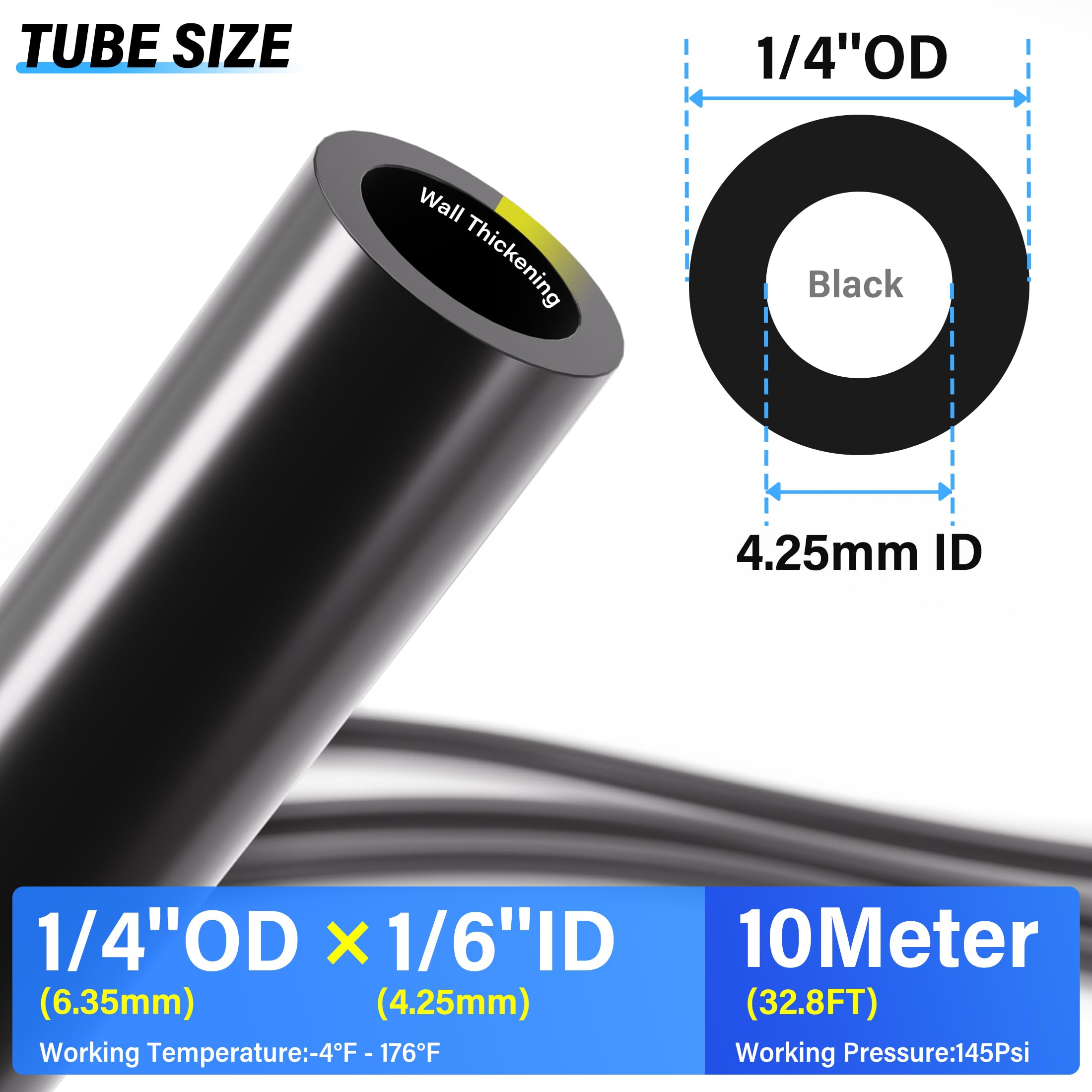 TAILONZ 1/4 Inch OD 10 Meters Black PU Air Hose - High Pressure Pneumatic Tubing for Air Compressor, Spray Gun, Fluid Transfer | Durable Flexible Air Line Pipe for Industrial, Automotive & DIY Projects