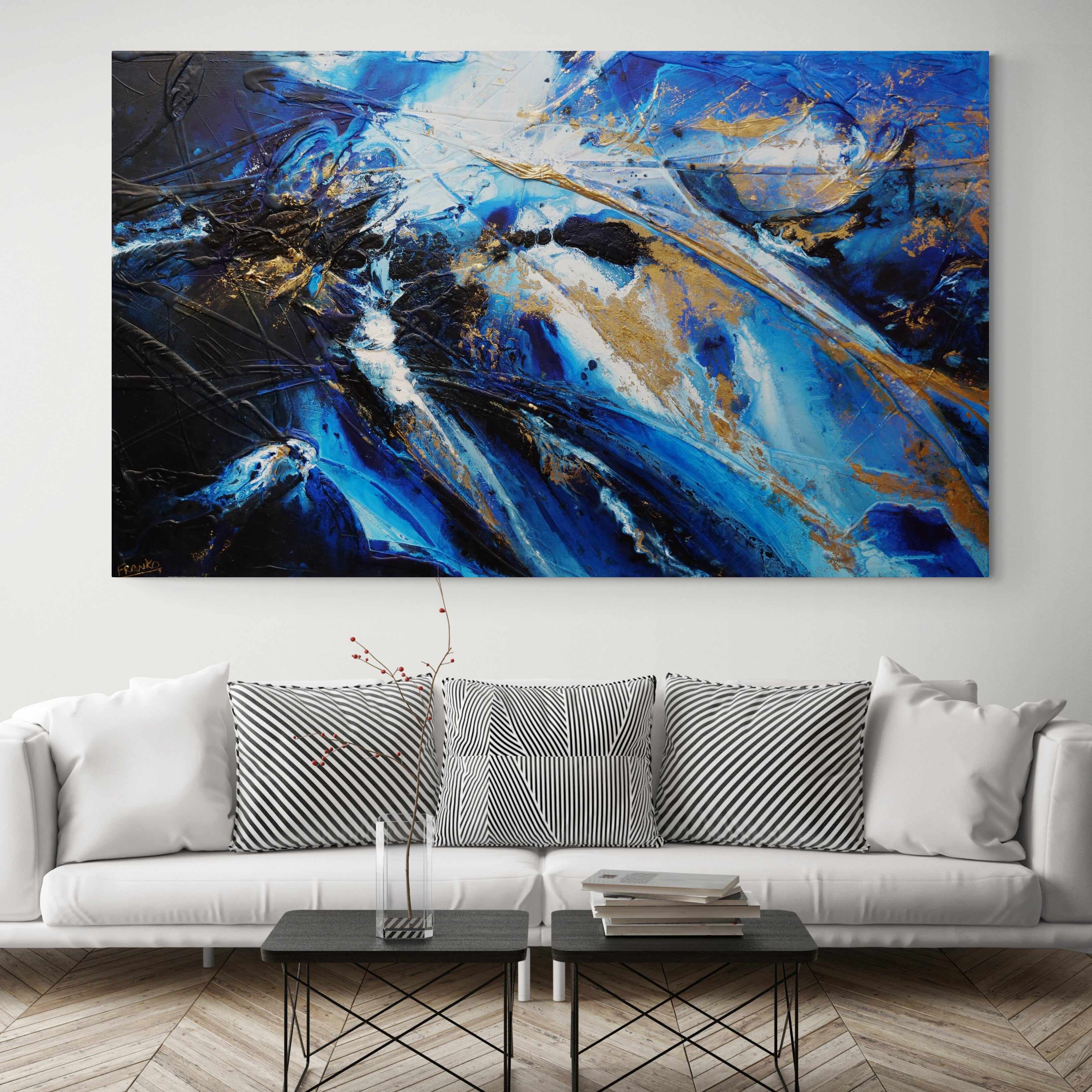 Golden Sapphire 200cm x 120cm Blue Gold White Textured Abstract Canvas Art - Modern Wall Decor for Living Room, Bedroom & Office
