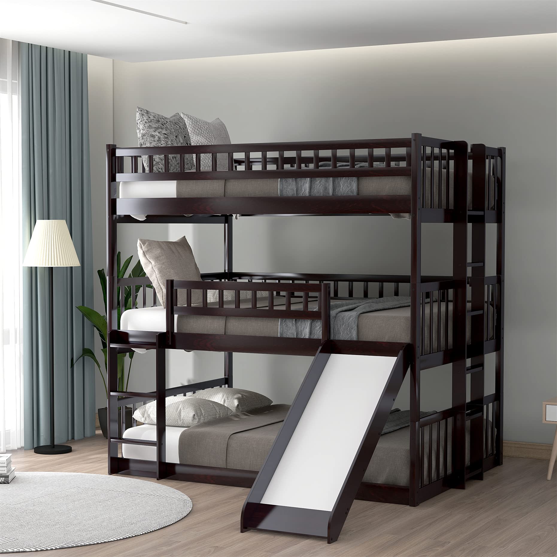 Harper & Bright Designs Triple Bunk Beds with Slide - 3 Full Size Bunk Beds for Kids, Teens & Adults - Solid Wood Frame with Built-in Ladder - Space Saving Solution for Small Rooms, Vacation Homes & Shared Kids Bedrooms (Full, Espresso)