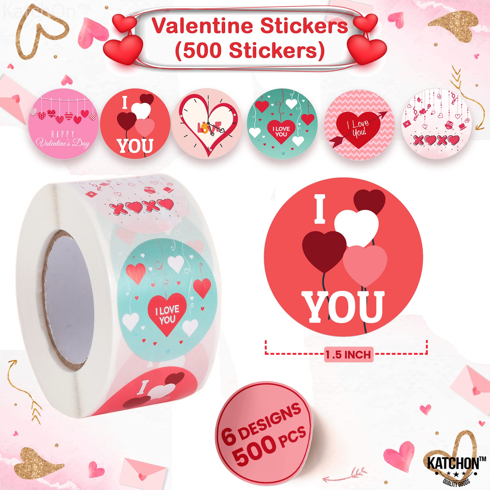 KatchOn 500 Pcs Cute Valentine's Day Stickers for Kids - 1.5 Inch Heart Stickers Bulk Pack | I Love You Stickers for Valentine's Decorations, Classroom Rewards & Scrapbooking | Happy Valentine's Day Party Supplies