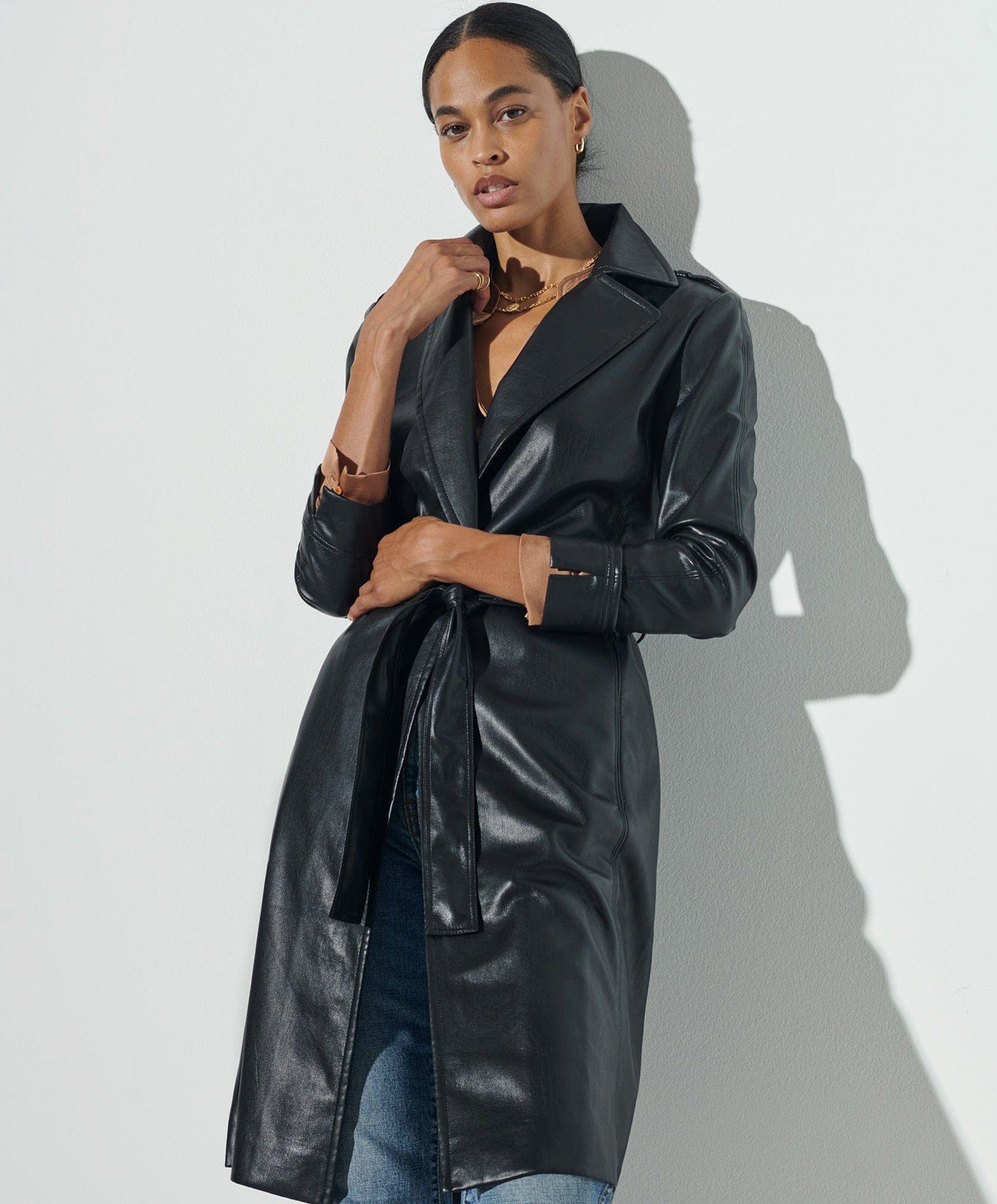 Vegan Leather Trench Coat for Women - Eco-Friendly Faux Leather Long Jacket - Water Resistant Lightweight Outerwear for Fall & Winter Fashion