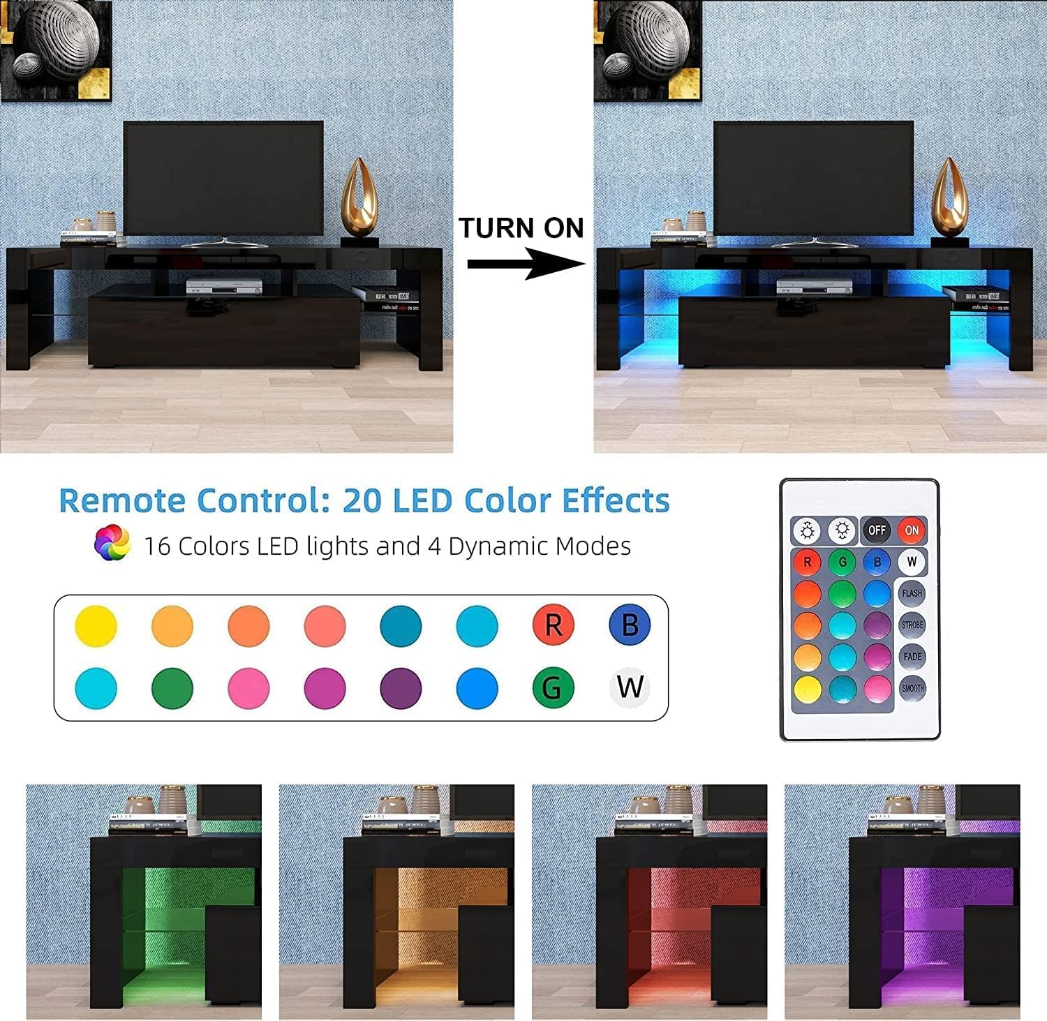 Goujxcy TV Stand Entertainment Center with 20 LED Color Changing Lights - Modern Living Room TV Console Table & Storage Cabinet for 65 Inch TVs (Black) - Perfect for Home Theater Setup & Living Room Organization