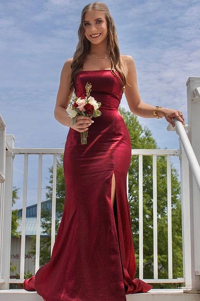 Navy Blue Mermaid Satin Long Prom Dress with High Slit - Elegant Formal Evening Gown for Homecoming, Pageant, and Special Occasions - Style J2637