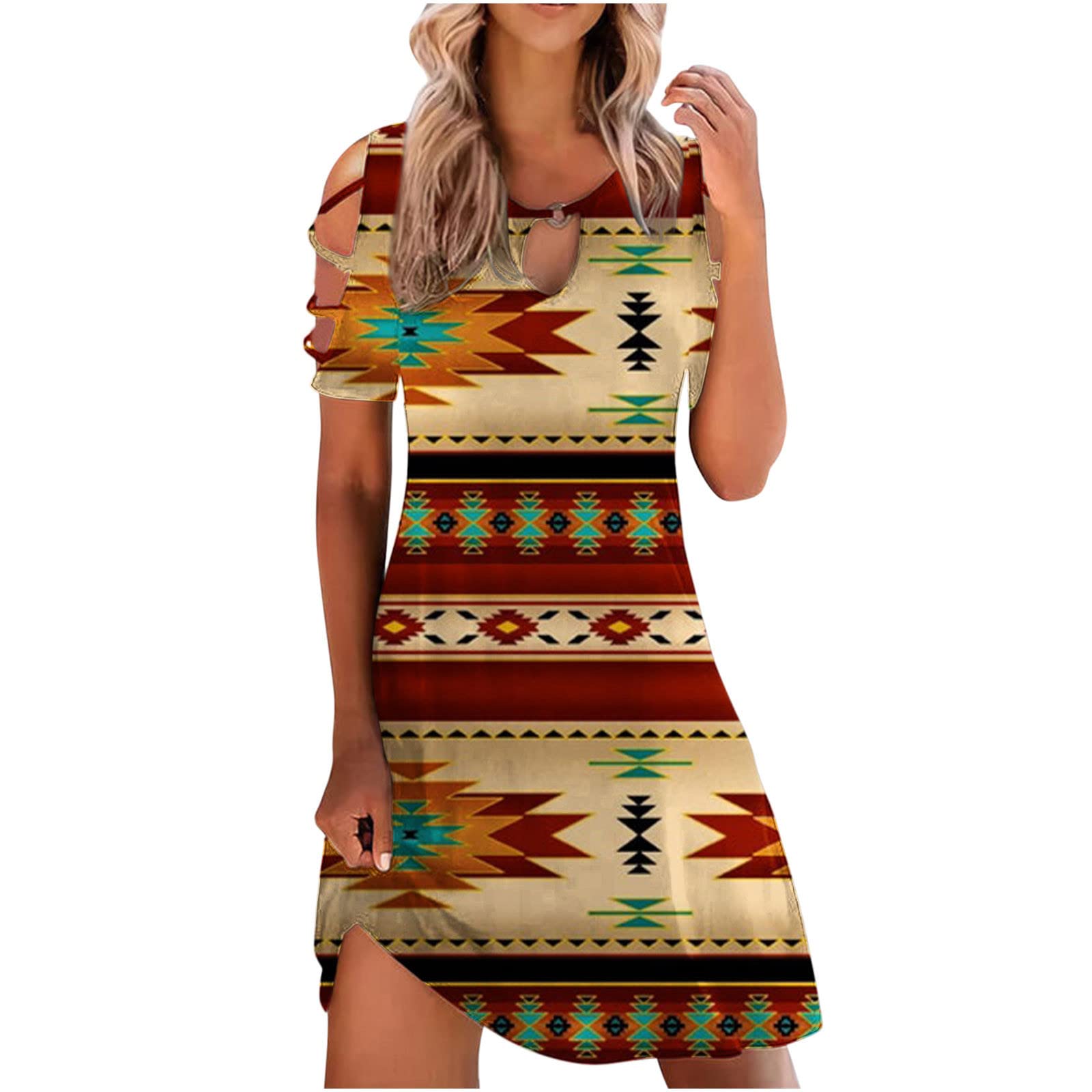 YHAIOGS Women's Summer Dress - Short Sleeve Tribal Print Casual Party Dress with Cutout Design | Perfect for Beach Vacations, Date Nights & Summer Parties
