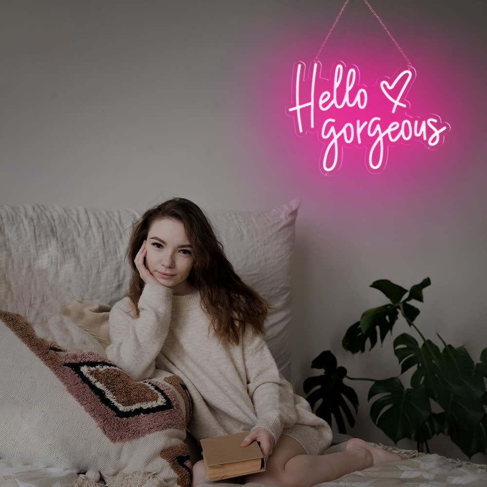 Large 28-inch Hello Gorgeous LED Neon Sign - Custom Wall Art Decor for Home, Bedroom, Wedding, Bar & Cafe | Perfect for Parties, Romantic Gifts & Business Lighting