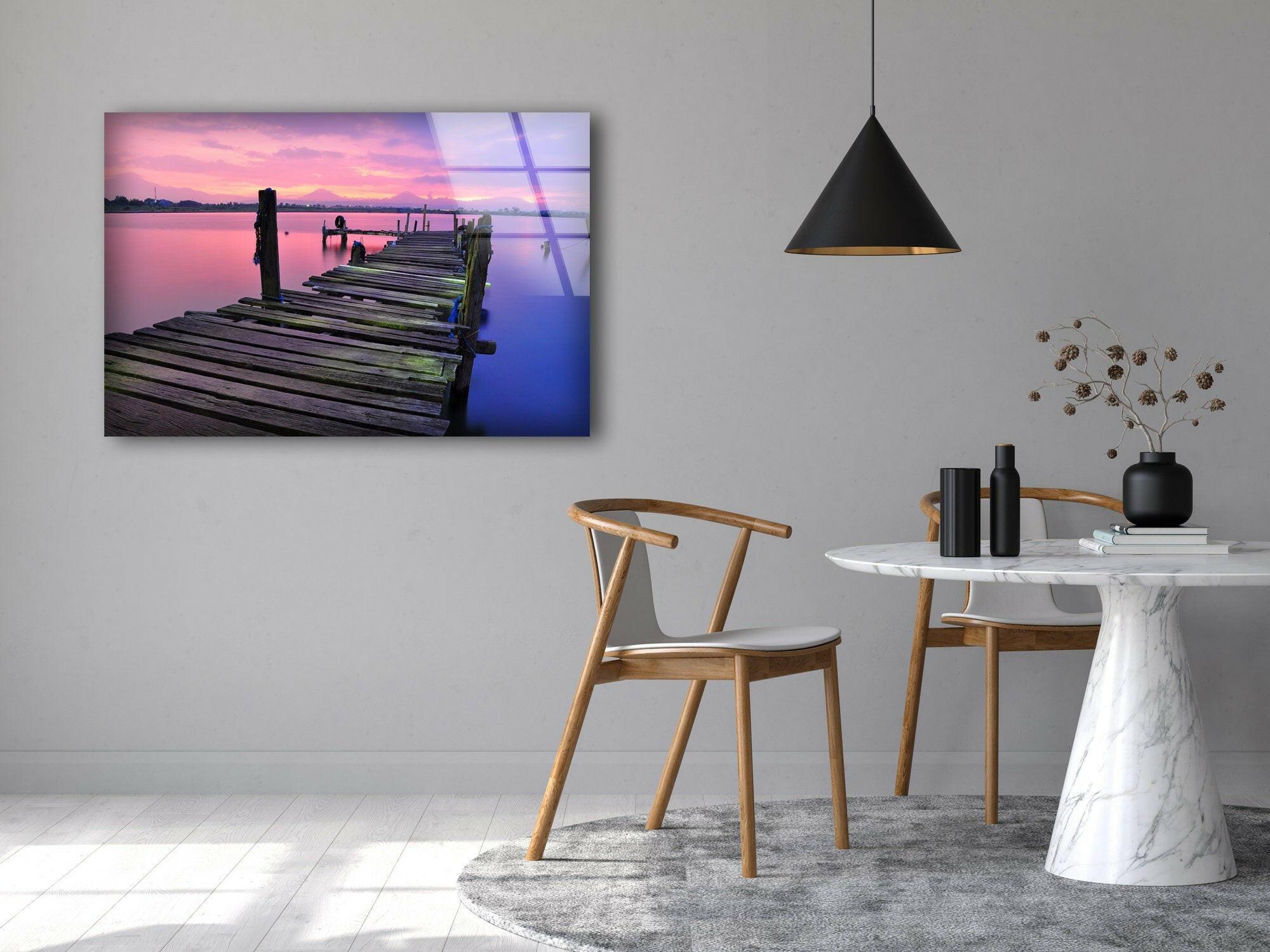 Stunning Sunrise Over Abandoned Dock - Handmade Glass Wall Art for Living Room, Bedroom & Office Decor | Coastal Landscape Artwork
