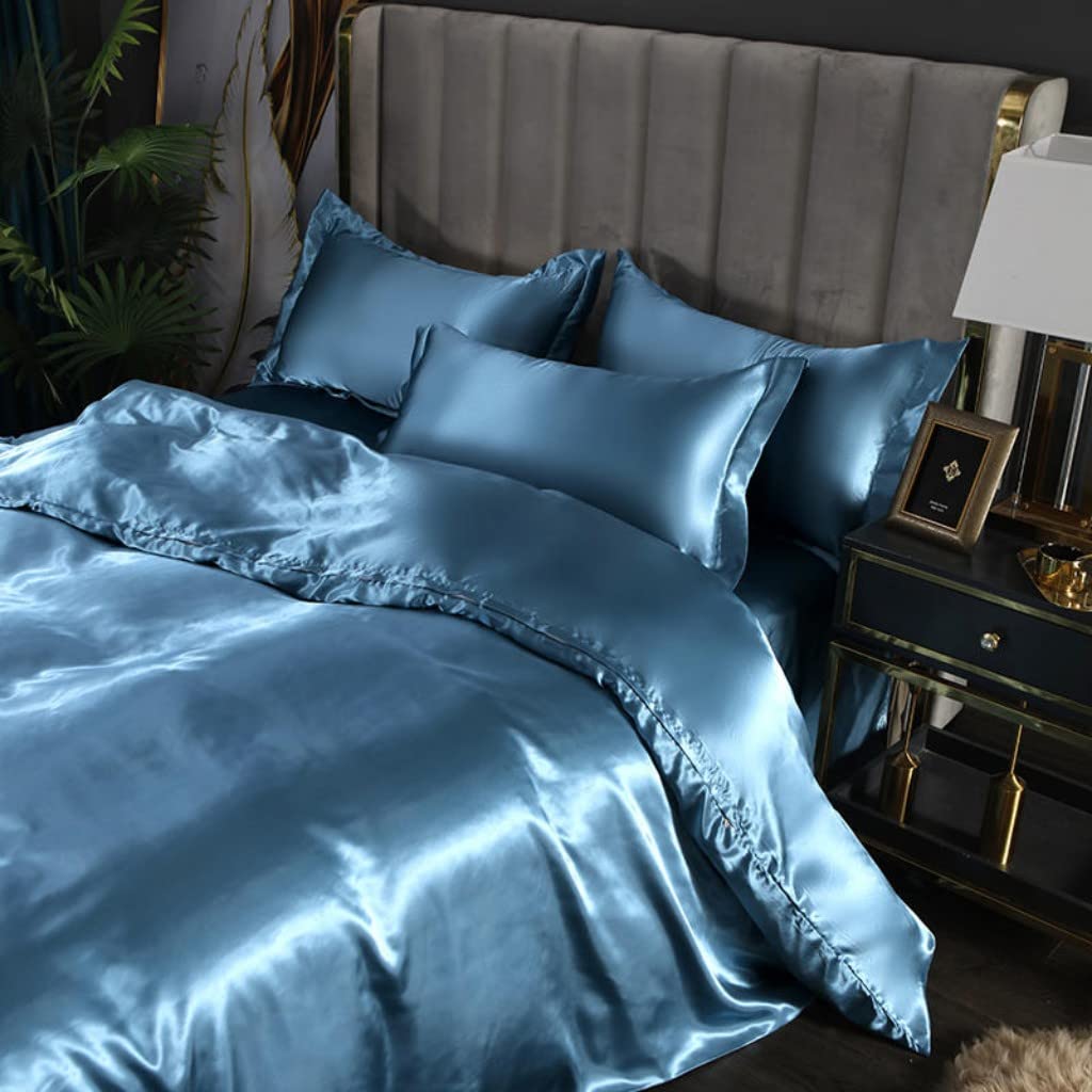 Luxury Blue Satin Bedding Set Full Size - Soft Silky Duvet Cover with Zipper Closure + 2 Pillowcases - Elegant Bedroom Decor for Women & Girls - Perfect for Master Bedrooms, Guest Rooms & Luxury Hotels