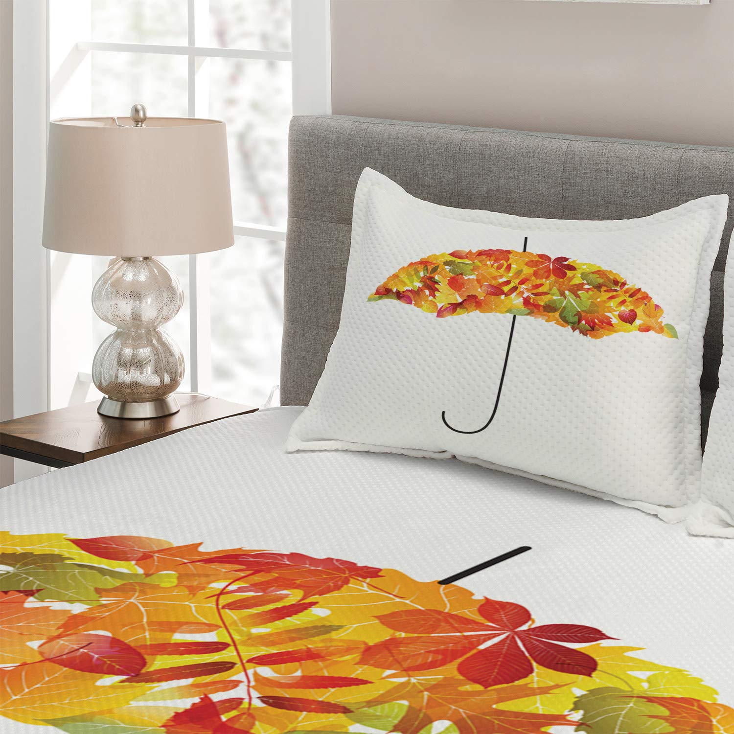 Ambesonne Autumn Quilt Set - King Size 3-Piece Fall Bedspread with Abstract Umbrella & Leaf Print, Includes 2 Decorative Pillow Shams | Cozy Seasonal Bedding for Fall Decor, Guest Room & Master Bedroom