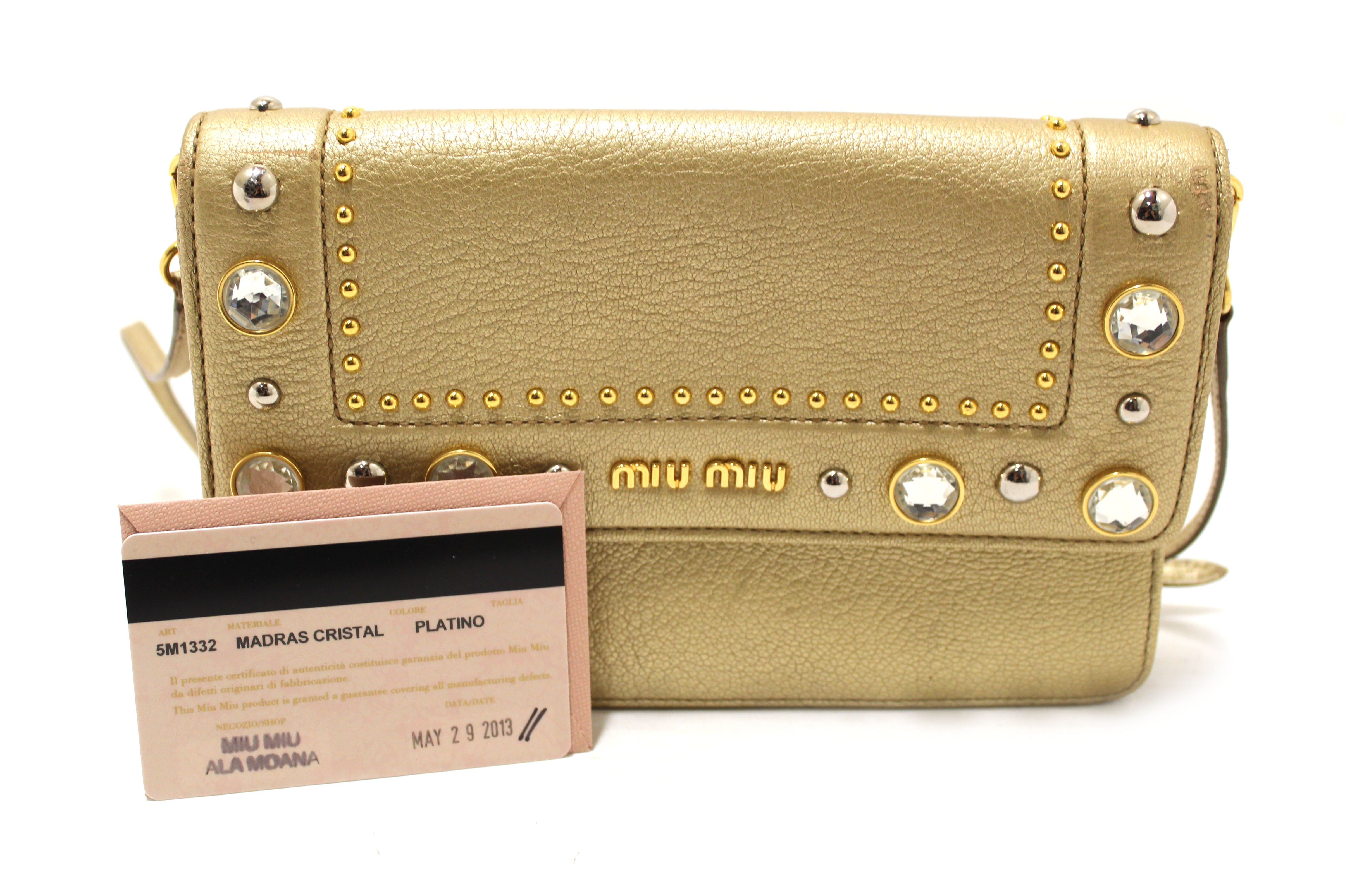 Authentic Miu Miu Crystal Embellished Gold Leather Wallet Bag - Luxury Women's Clutch for Evening Parties, Weddings & Special Occasions