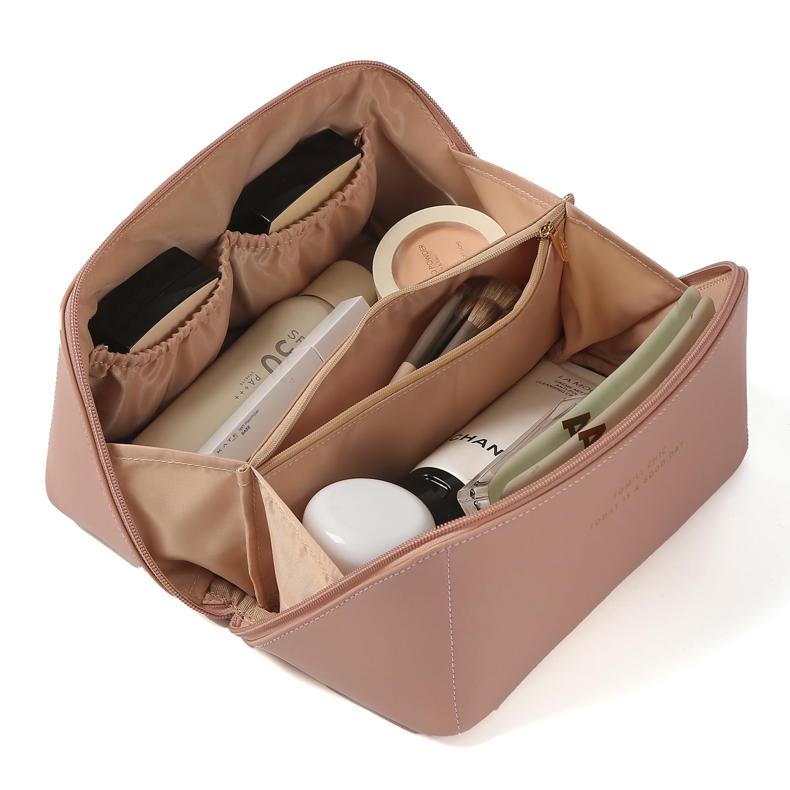 TOMILL Large Leather Makeup Bag for Women - Waterproof Travel Cosmetic Organizer (9.5x5.2x5.2 inches) - Perfect for Toiletries, Cosmetics & Accessories | Portable Wide-Open Design | Ideal for Travel, Gym & Daily Use | A-Pink Sweetness Collection