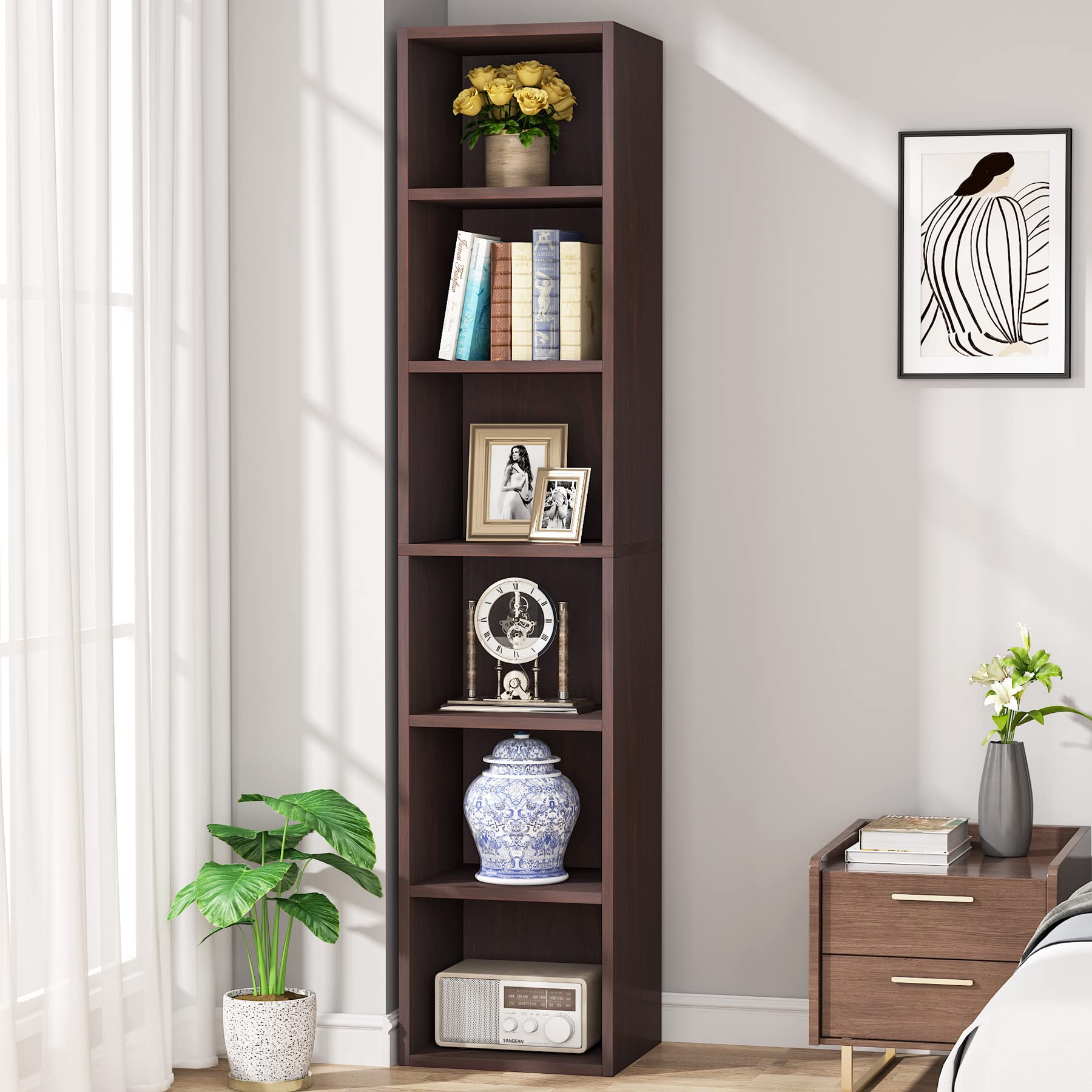 Tribesigns 70.9 Inch Tall Narrow Bookcase - Rustic Corner Storage Shelf with 6 Tier Cube Display | Perfect for Home Office, Living Room & Bedroom Organization