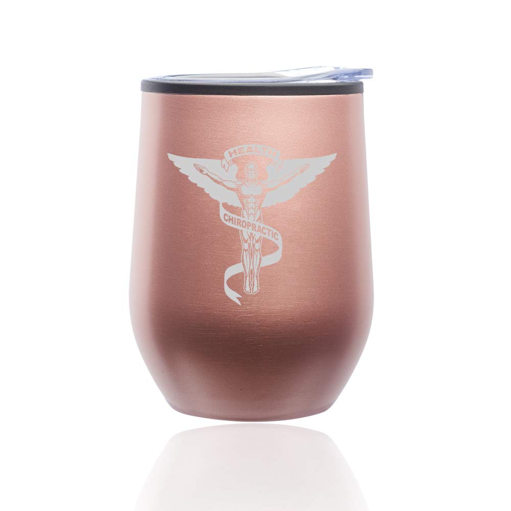 Stemless Wine Tumbler with Lid - 20oz Insulated Coffee Travel Mug Glass - Chiropractic Symbol Design in Rose Gold - Perfect for Hot/Cold Drinks at Home, Office or Outdoor Adventures