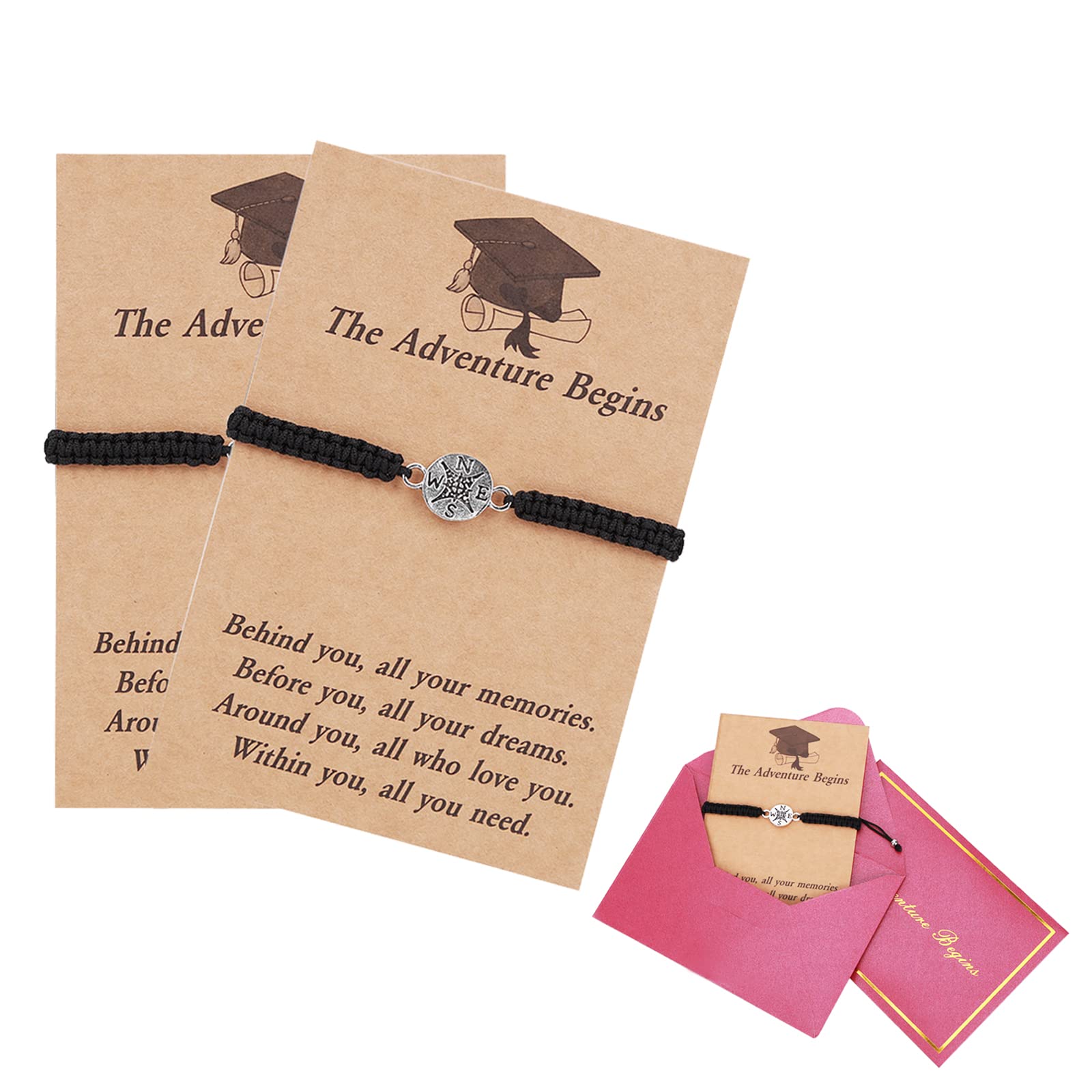 Graduation Gifts Compass Knit Bracelet Set - Adjustable Wristband with Vintage Greeting Card & Envelope - Perfect Graduation Present for Students - Ideal for Ceremonies, Parties & Celebrations