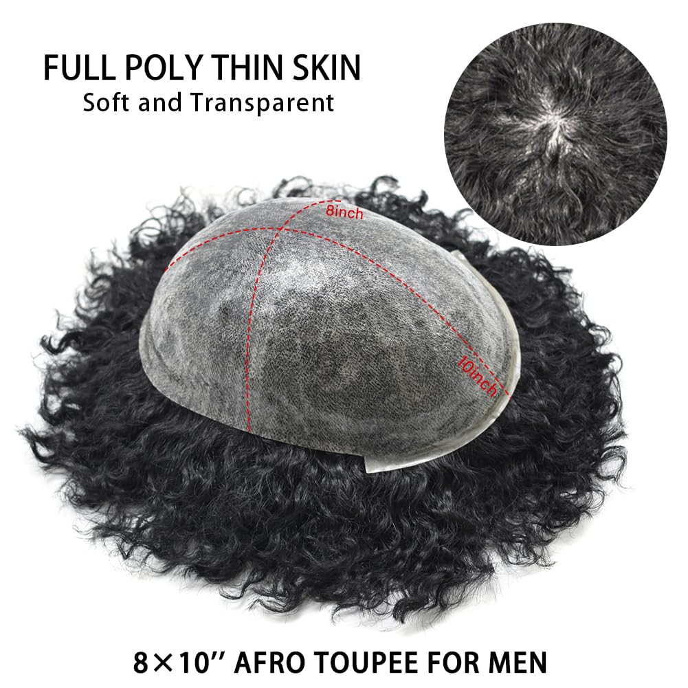 Afro Toupee for Black Men | Kinky Curly Brazilian Human Hair Piece | 8x10 Inch | African American Wavy Men's Toupee | Perfect for Daily Wear, Cosplay & Special Events