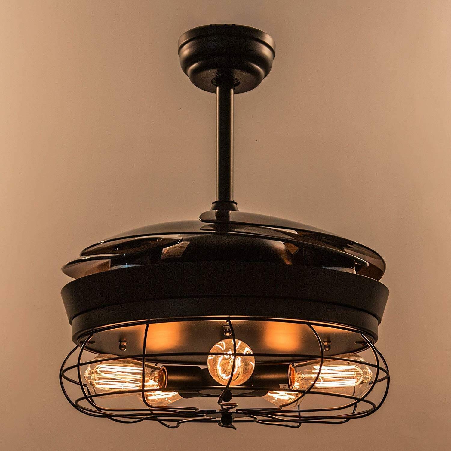 42'' Retractable Ceiling Fan with Light - Farmhouse Industrial Pendant Chandelier with Remote Control & Invisible Blades (Requires 5 Edison Bulbs) for Living Room, Bedroom, Dining Room, Office, Kitchen - Perfect for Home Cooling and Stylish Lighting