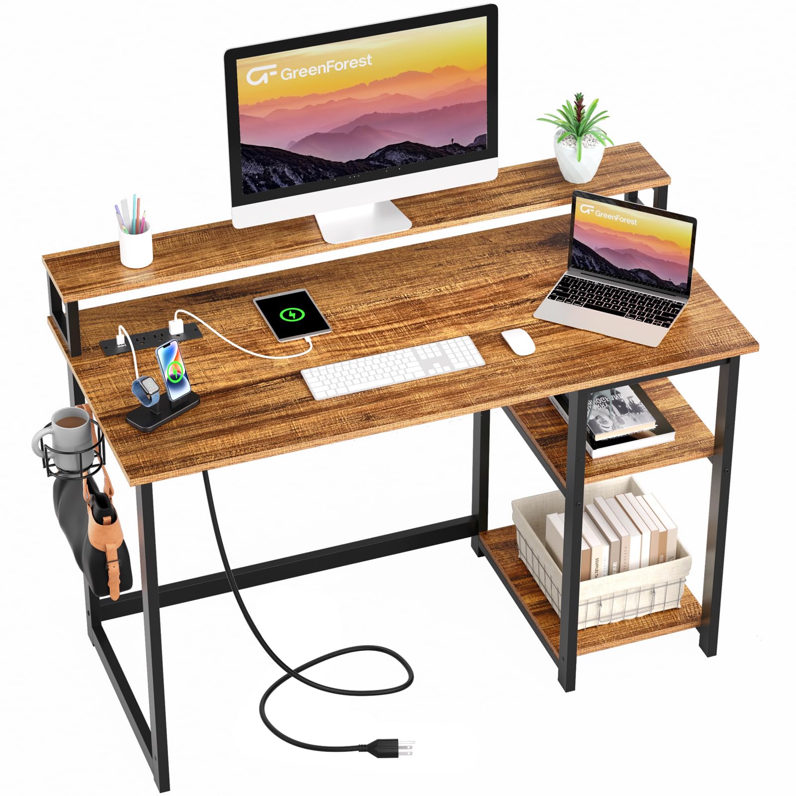 GreenForest 47 inch Computer Desk with Power Outlets - Ergonomic Home Office Desk with Monitor Stand, Reversible Gaming & Study Desk in Walnut Finish - Perfect for Small Spaces, Remote Work & Gaming Setups