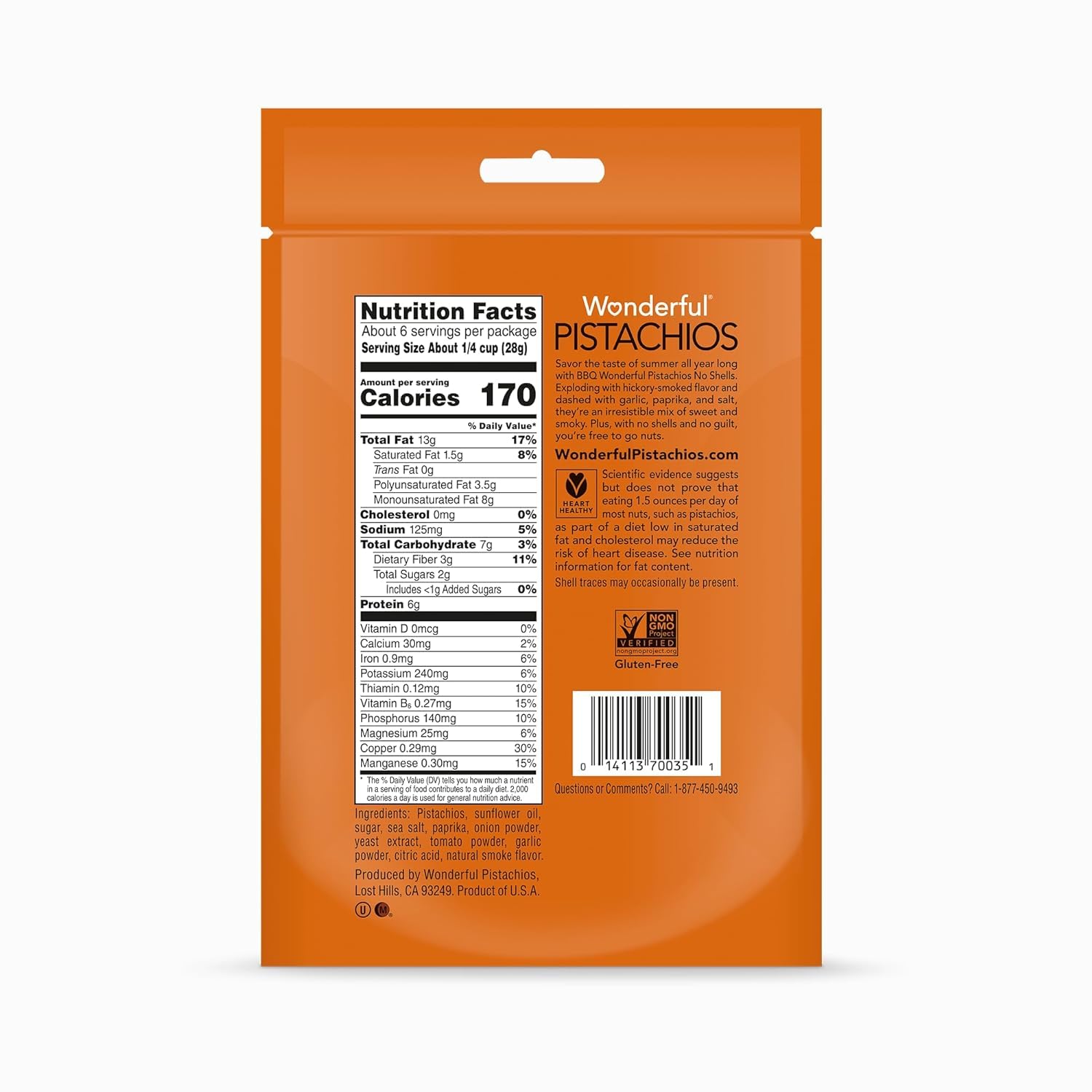 Wonderful Pistachios No Shells, Smoky Barbecue Flavored Nuts - 5.5oz Resealable Bag | High Protein Snack, Gluten Free, Healthy Snacks for Work, Travel & Outdoor Activities