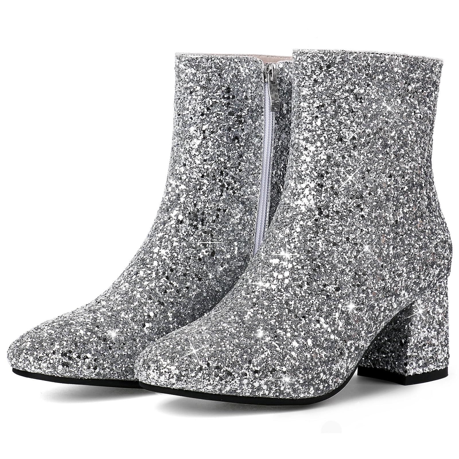 MAVMAX Women's Sequin Glitter Ankle Boots - Chunky Heel Sparkly Booties for Party, Night Out & Holiday | Comfortable Dress Shoes for Women