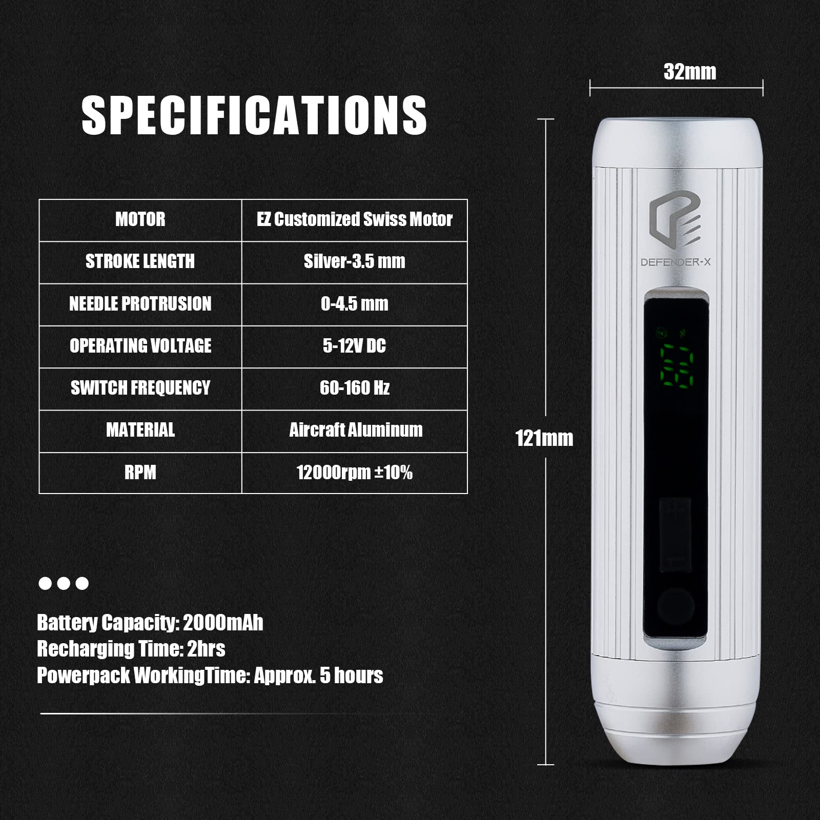 EZ Wireless Tattoo Machine 4.0mm - Professional One-Handed Rotary Tattoo Pen with 2000mAh Battery for Cartridge Needles - Perfect for Tattoo Artists & Beginners (Defender X Silver) | Ideal for Fine Line Work, Shading & Detailed Tattoo Designs