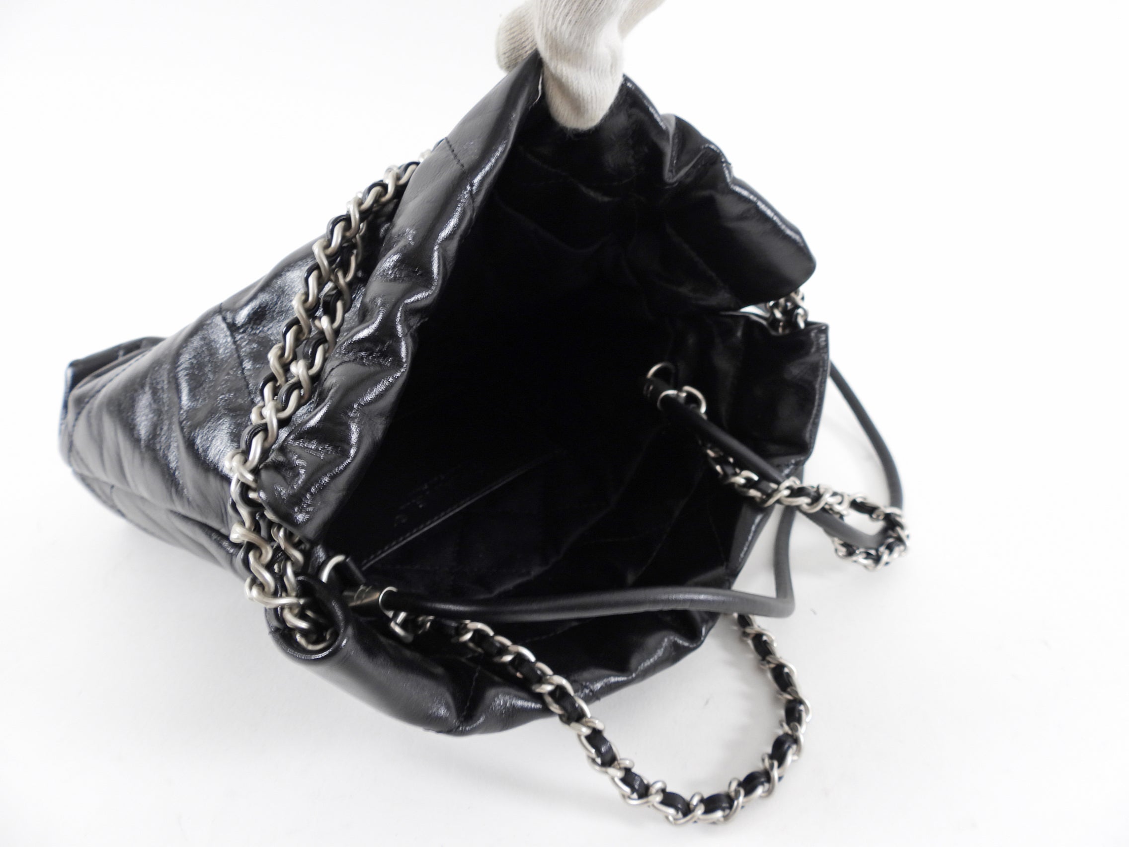 Chanel 22 Black Glossed Leather Mini Chain Bag with Logo - Luxury Designer Crossbody Purse for Women, Perfect for Evening Parties & Date Nights
