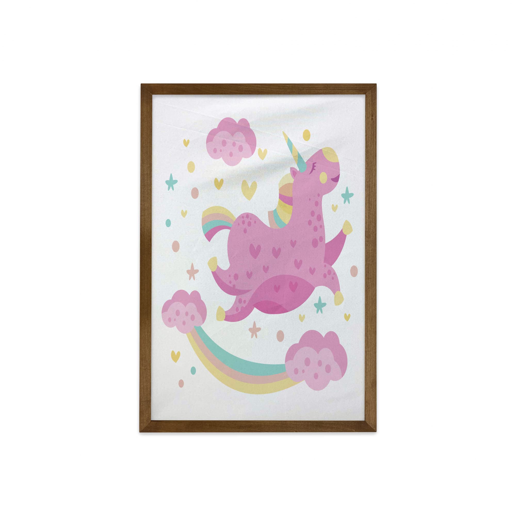 Ambesonne Unicorn Wall Art - Smiling Rainbow Horse Cartoon Print with Teak Wood Frame, 23x35 Inch Pastel Decor for Bedroom, Nursery & Dorm Room - Funny Yellow Pink Fantasy Home Decor for Girls & Kids