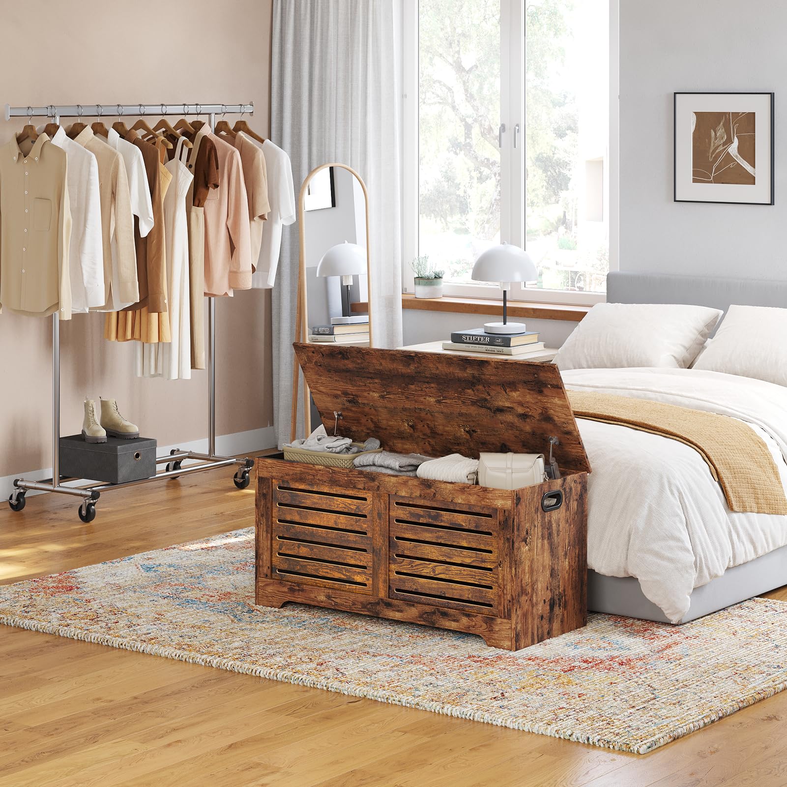 DINZI LVJ 39.4” Wooden Storage Chest with Safety Hinges - Retro Flip-Top Shoe Bench & Toy Box - Rustic Brown Entryway Organizer for Living Room, Bedroom - Easy Assembly Home Storage Solution (Perfect for Entryway Shoe Storage, Kids' Toy Organization & Living Room Decor)