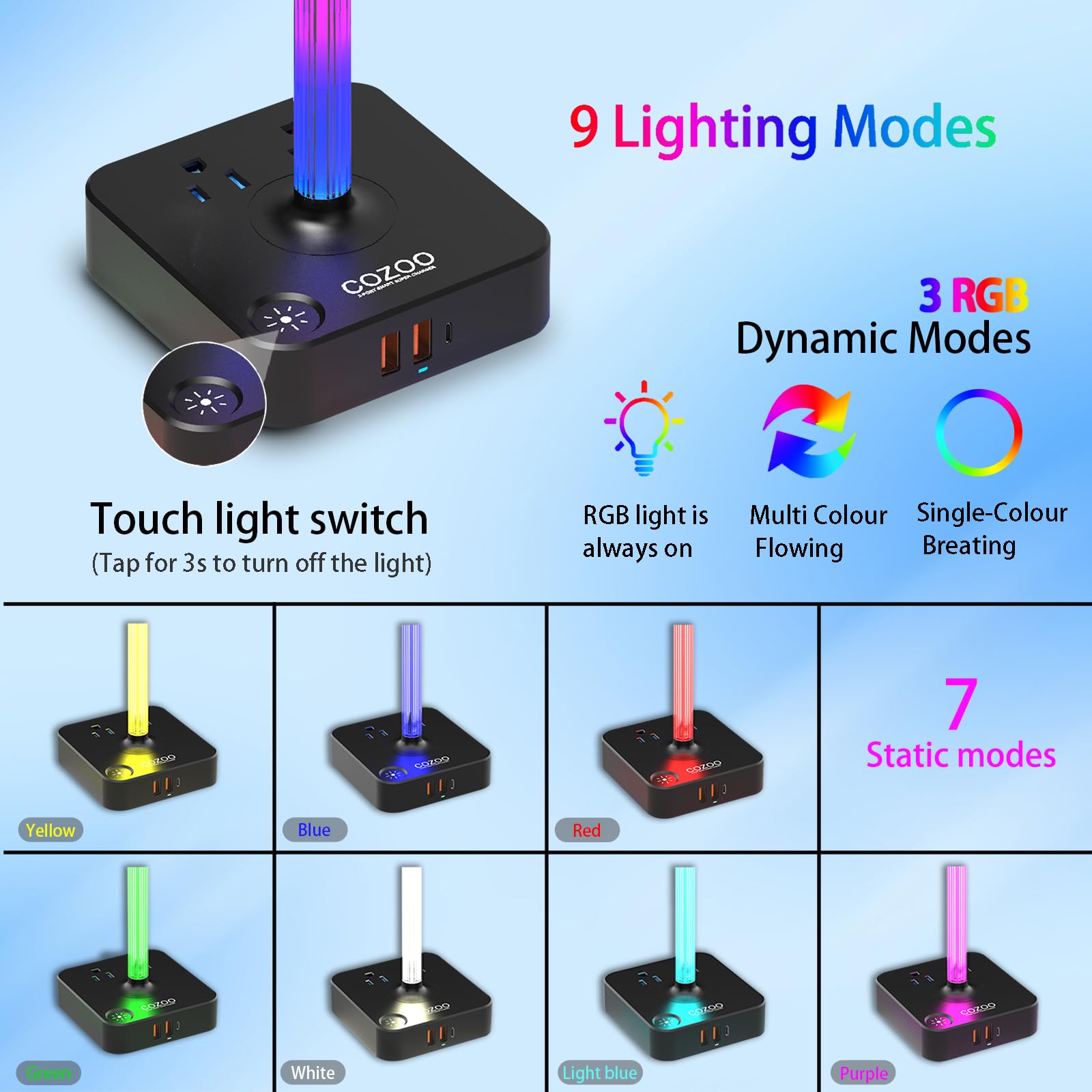 RGB Gaming Headphone Stand with USB Charger & 2 Outlets - COZOO Desktop Headset Holder for Wireless Earphones, DJ Equipment & PC Gaming Setup - Perfect for Gaming Room, Office Desk & Gamer Gift Ideas