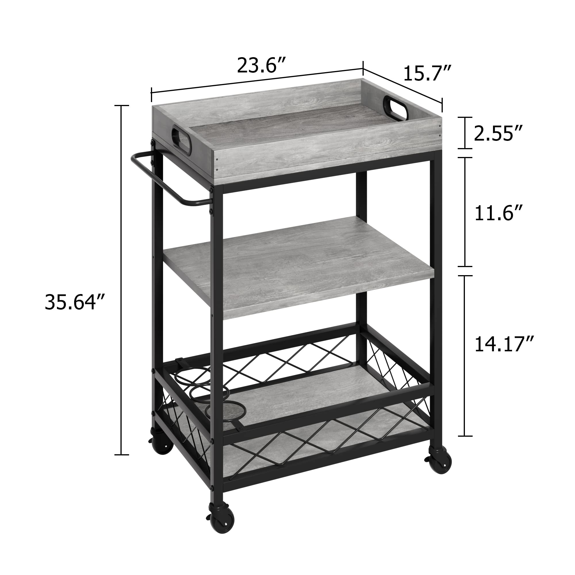 GARVEE 3-Tier Rolling Bar Cart with Wine Rack & Locking Wheels - Grey | Mobile Serving Cart for Kitchen, Dining Room & Outdoor Entertaining