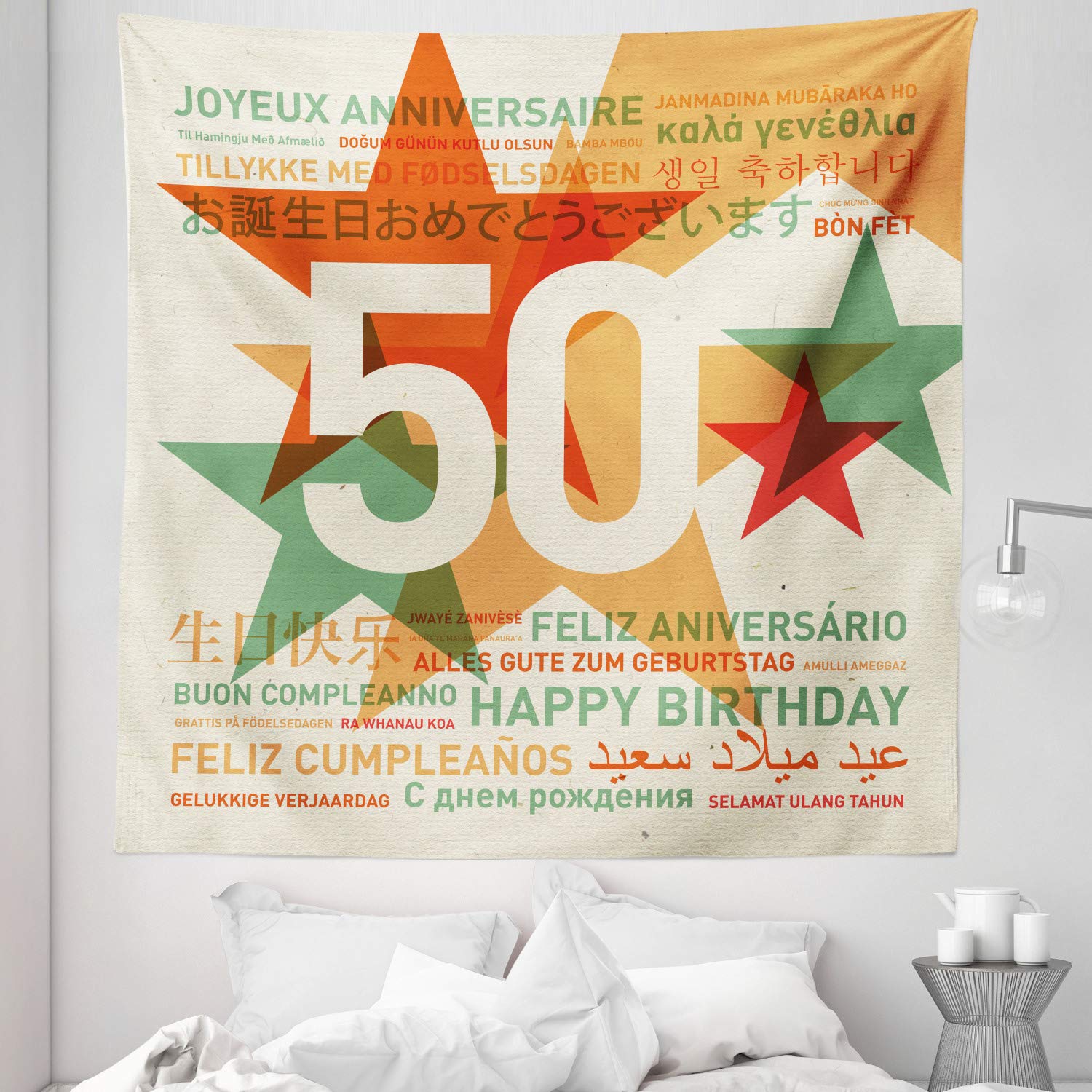 Ambesonne 50th Birthday Tapestry - Queen Size Retro Wall Hanging with Multilingual Birthday Wishes & Star Print - 88x88 Inch Green Red Orange Bedspread - Perfect for Party Backdrop, Bed Cover & Wall Decor