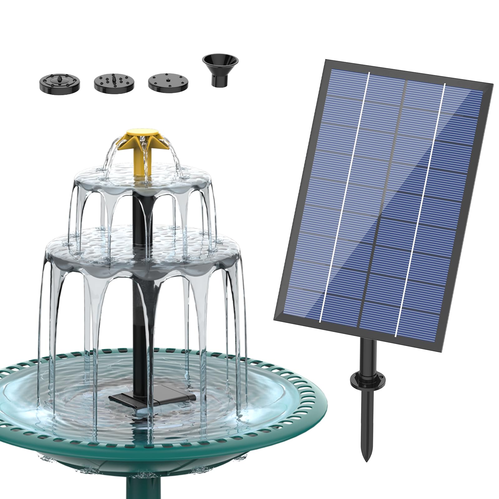 SUJFEE 4W Solar Fountain Pump Kit for Outdoor Garden, Pond, Pool - 3 Tier Cascading Water Feature with Detachable Nozzles & Solar Powered Pump | Perfect for Bird Baths, Patio Decor, Backyard Landscaping