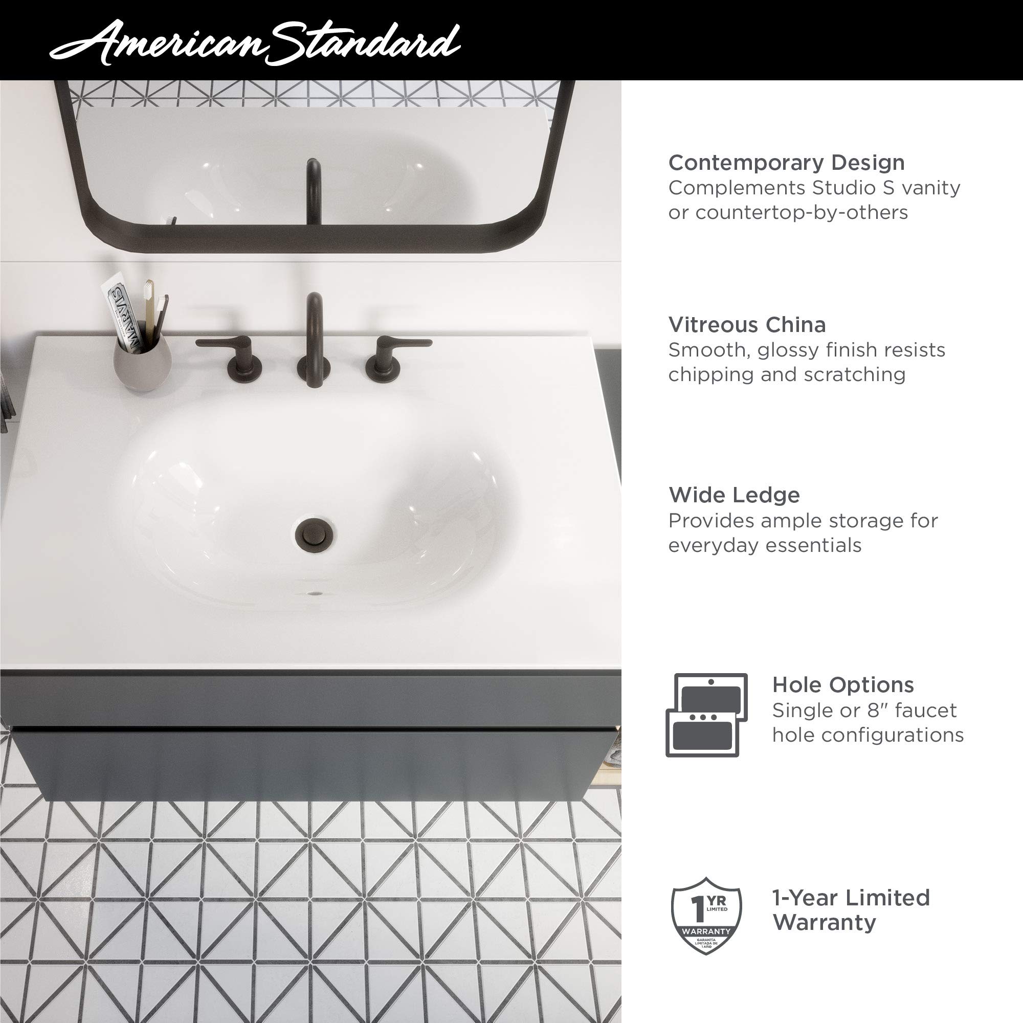 American Standard 1298001.020 Studio S 33-inch Vanity Top Sink with Center Hole in White - Perfect for Bathroom Vanities, Powder Rooms & Small Spaces