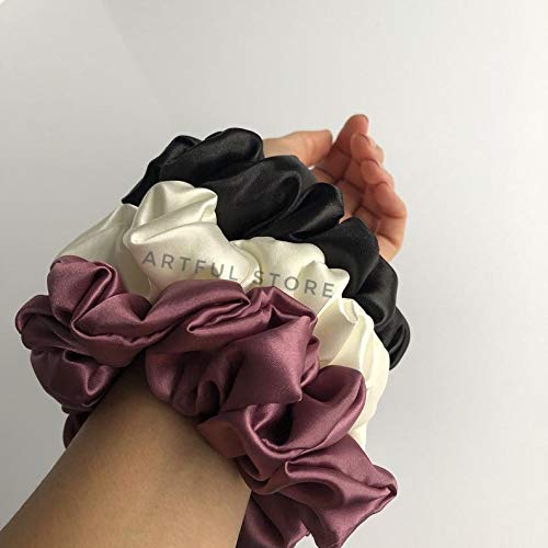 Luxury Satin Silk Hair Scrunchies - Pure Silk Hair Ties for Women (Dark Pink, White & Black) | Elegant Hair Accessories for Wedding, Party & Everyday Use