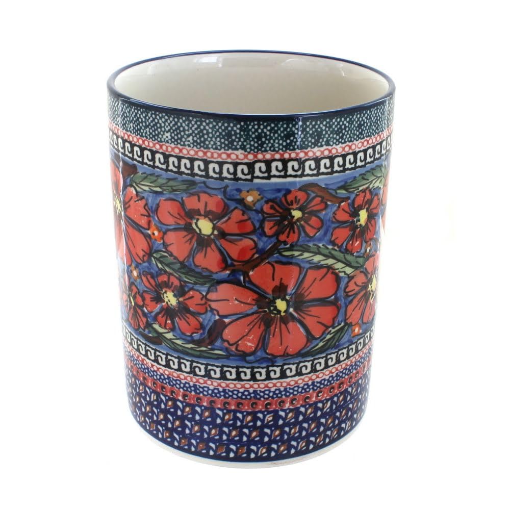 Blue Rose Polish Pottery Jungle Flower Utensil Jar - Handmade Ceramic Kitchen Storage Container for Utensils, Spoons & Cooking Tools - Perfect for Farmhouse, Rustic & Boho Home Decor