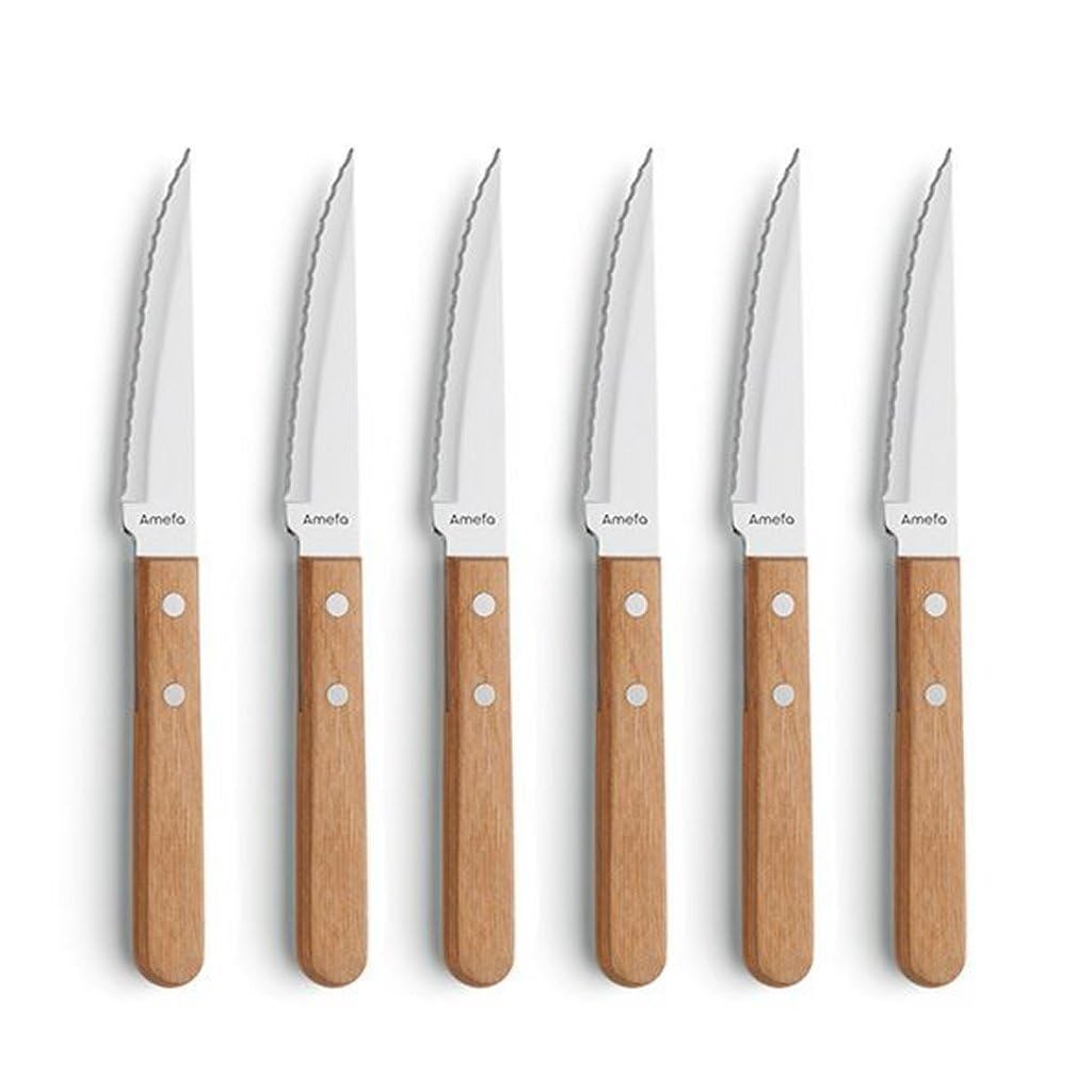 Amefa 7000 Series Wooden Handle Pizza & Steak Knives Set - 6-Piece Natural Color Kitchen Cutlery for Slicing, Serving & Entertaining