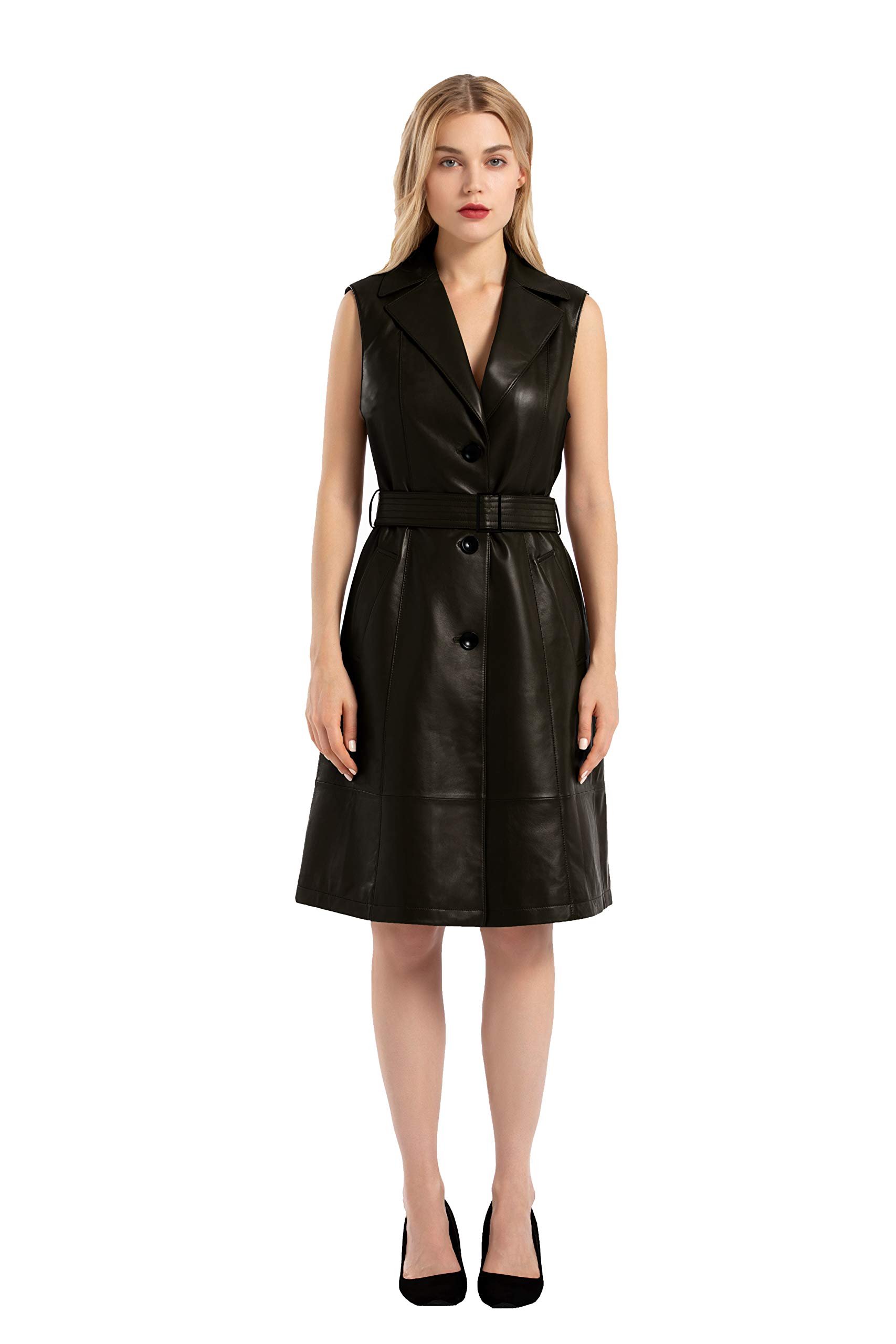 Women's Genuine Leather Cardigan Coat - Sleeveless Trench Coat with Belt, Leather Jacket Dress Vest | Perfect for Office Wear, Evening Outfits & Fall Fashion