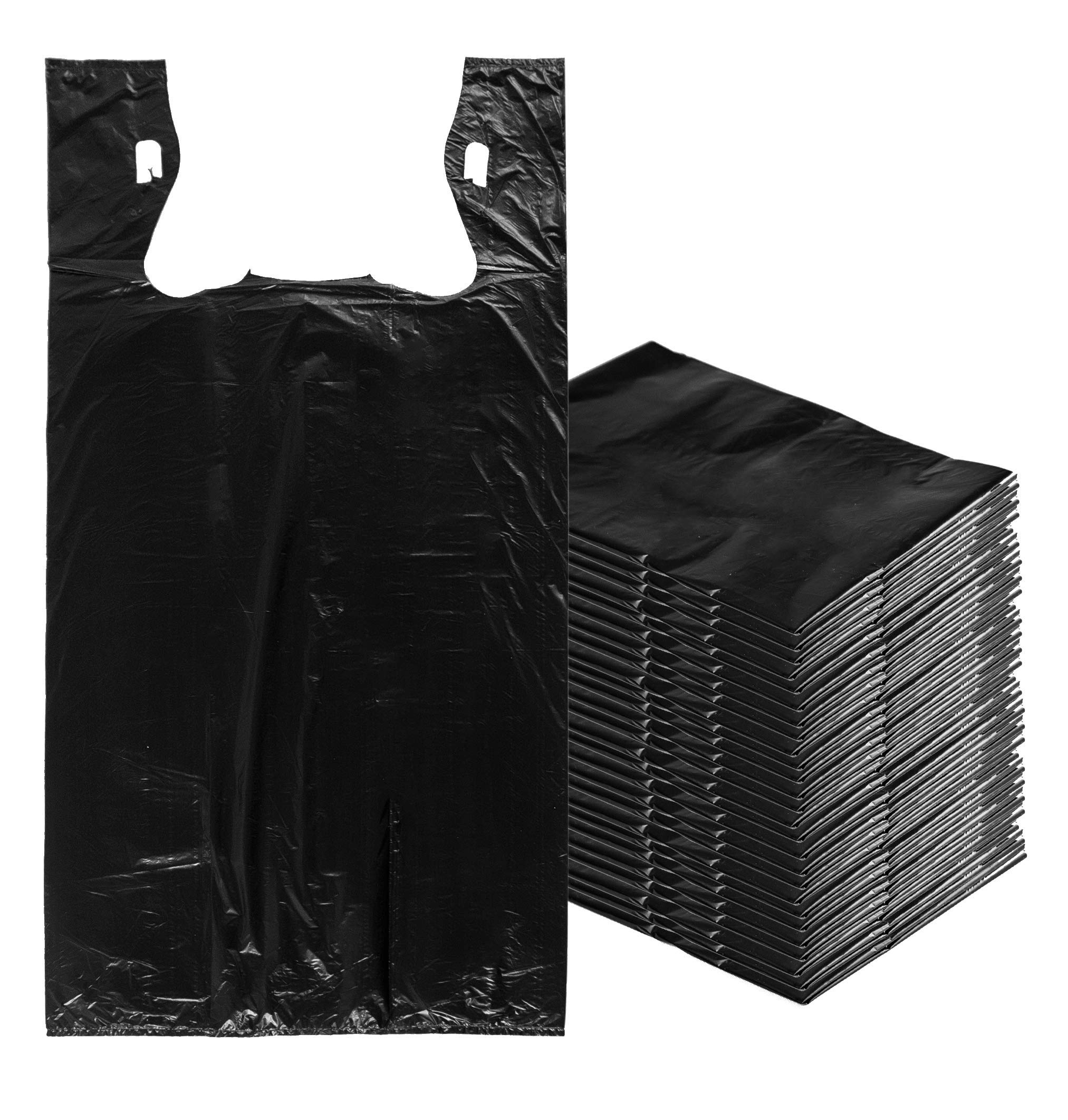 APQ 500 Pack Black Plastic Shopping Bags 15x7x26 Inches - 0.65 Mil Thickness Unprinted T-Shirt Bags with Handles for Retail, Grocery & Clothing Stores | Durable Polyethylene Carry Out Bags for Shopping, Packaging & Store Merchandise