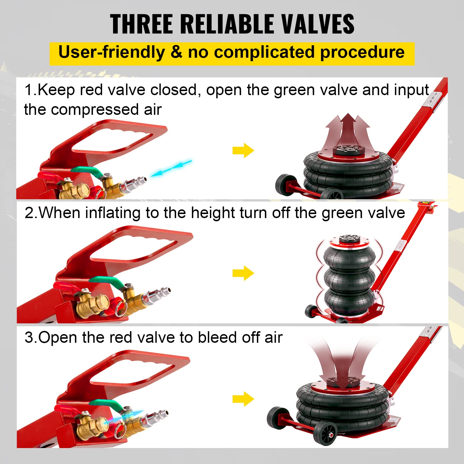 VEVOR 3 Ton (6600 lbs) Triple Bag Air Jack - Fast Lifting Car Jack with Adjustable Long Handle (Red) - Ideal for Emergency Roadside Repairs, Vehicle Maintenance, and Off-Road Recovery
